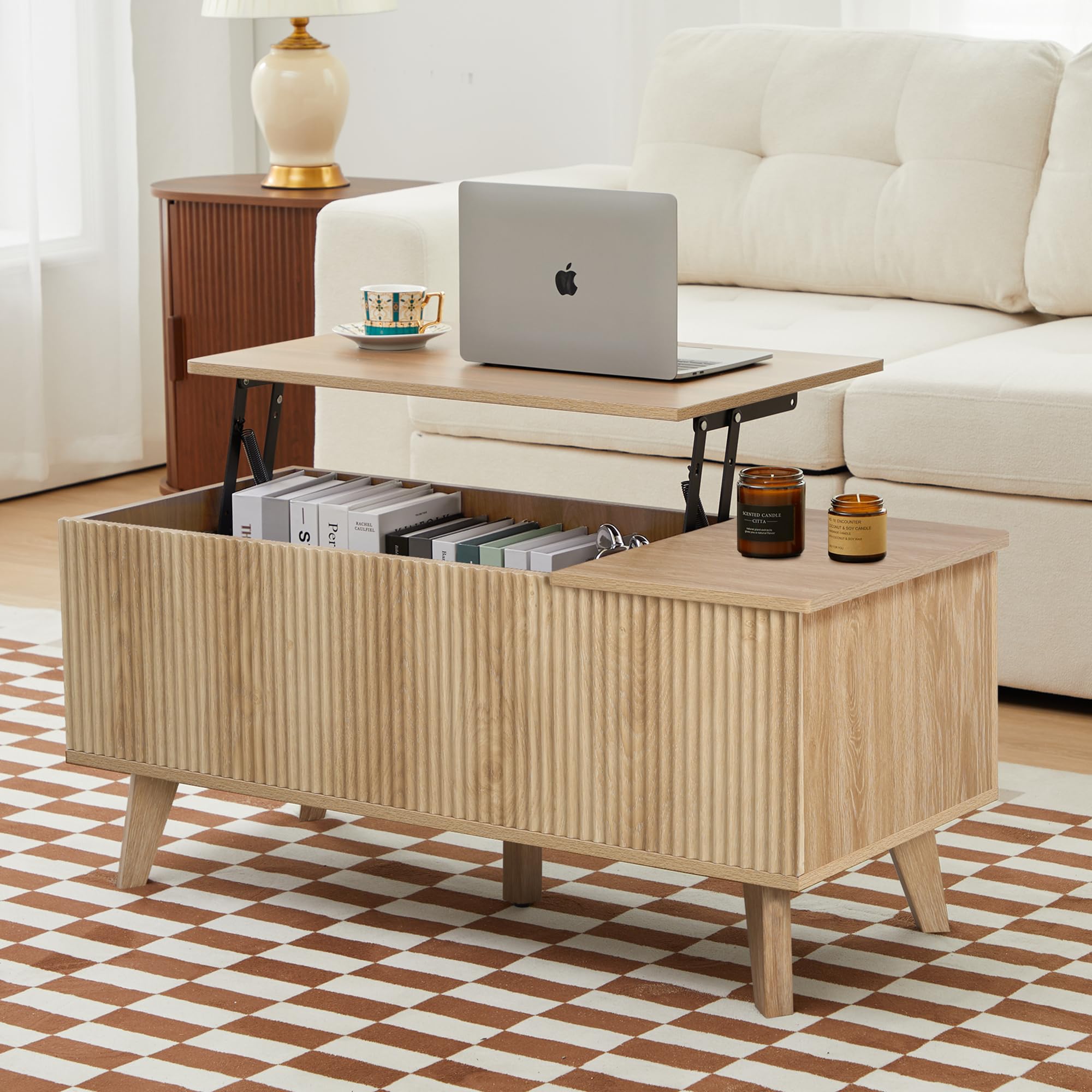 Modern Lift-Top Coffee Table with Hidden Storage - Wooden Fluted Design for Living Room & Office