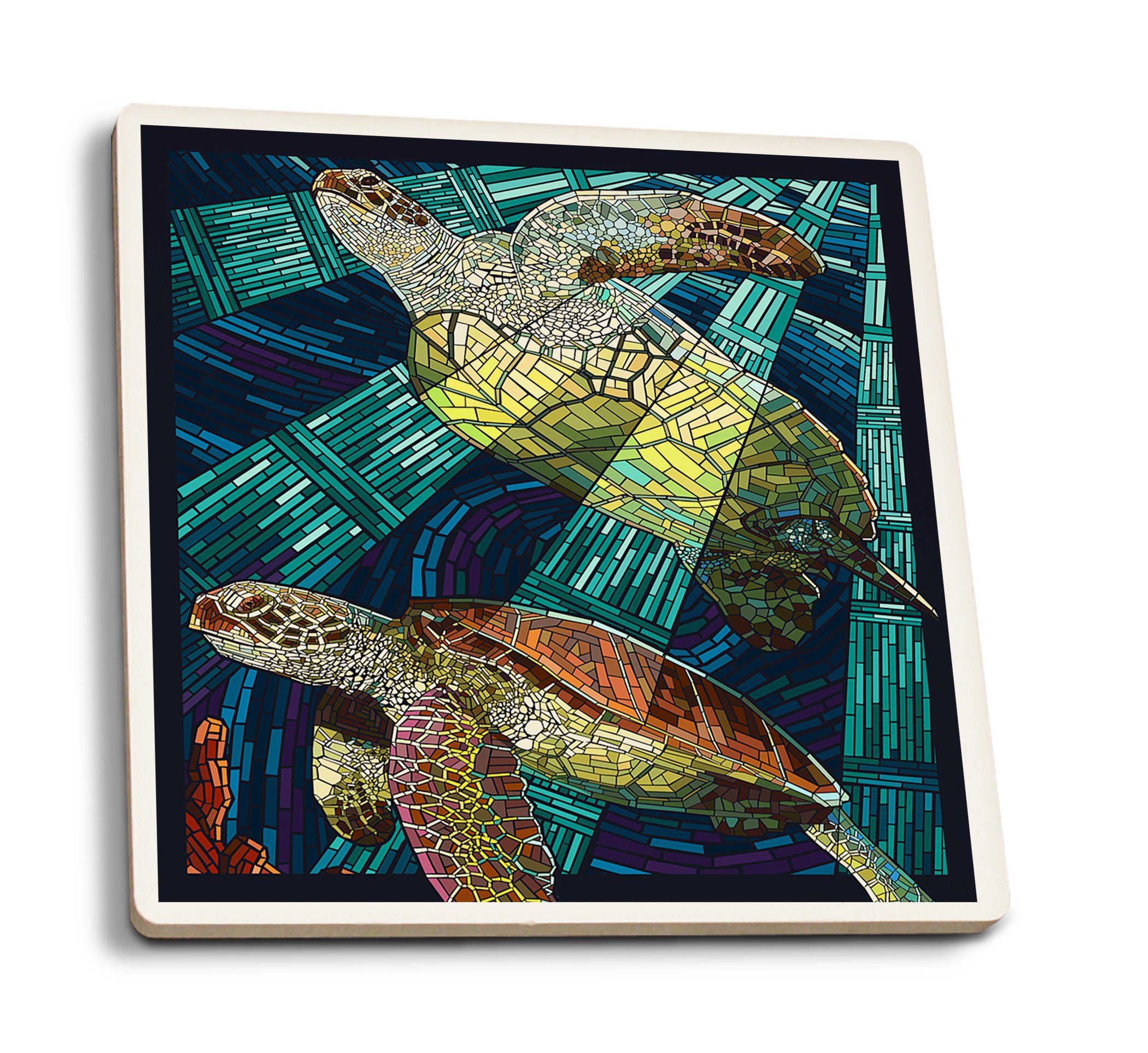 Sea Turtle Paper Mosaic Ceramic Coasters Set of 4 - Absorbent Cork Backed Drink Coasters for Kitchen, Dining Table, and Home Decor - Perfect for Protecting Surfaces from Water Rings and Adding Coastal Style