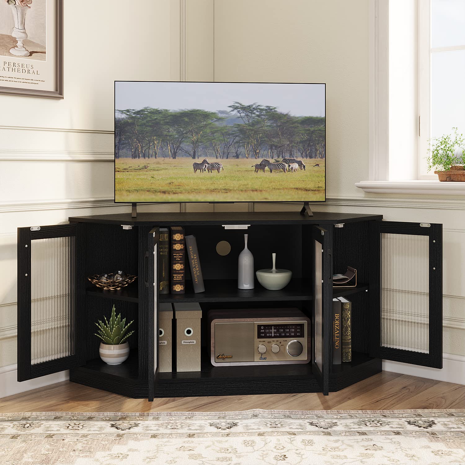 Panana 47 Inch Corner TV Stand with 4 Doors & Shelves - Black Entertainment Center for TVs up to 51 Inch, Living Room Storage Cabinet for Gaming Consoles, Media Players & Home Theater Setup
