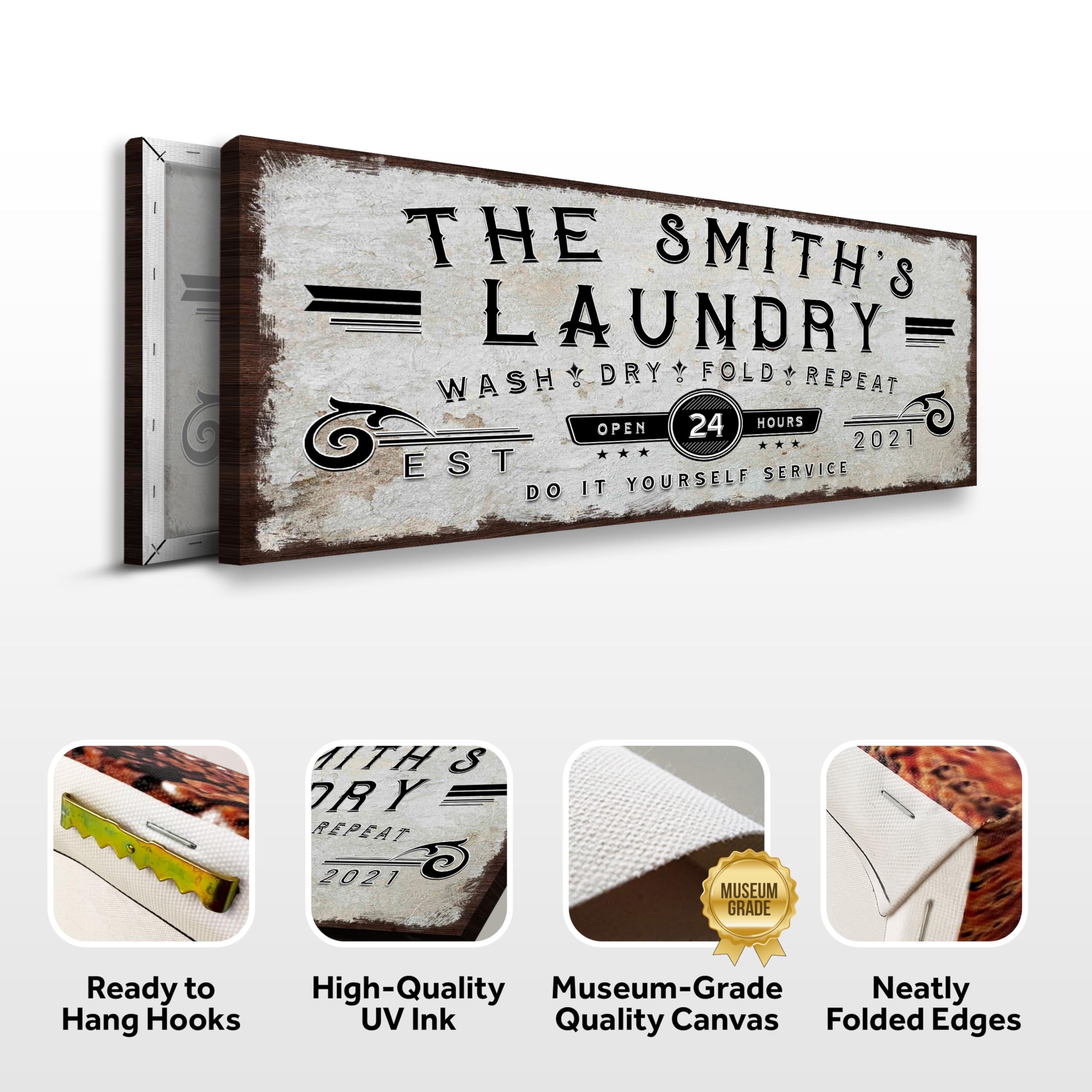 Personalized Laundry Room Wall Art - Custom Family Name Canvas Sign 'Wash Dry Fold Repeat' - Rustic Farmhouse Decor (48x16 Inches) for Home, Business & Laundry Room Organization