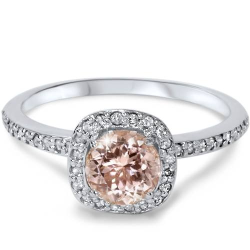 7/8ct Round Morganite & Diamond Cushion Halo Engagement Ring in 14K White Gold | Elegant Bridal Jewelry for Proposals, Weddings & Anniversaries