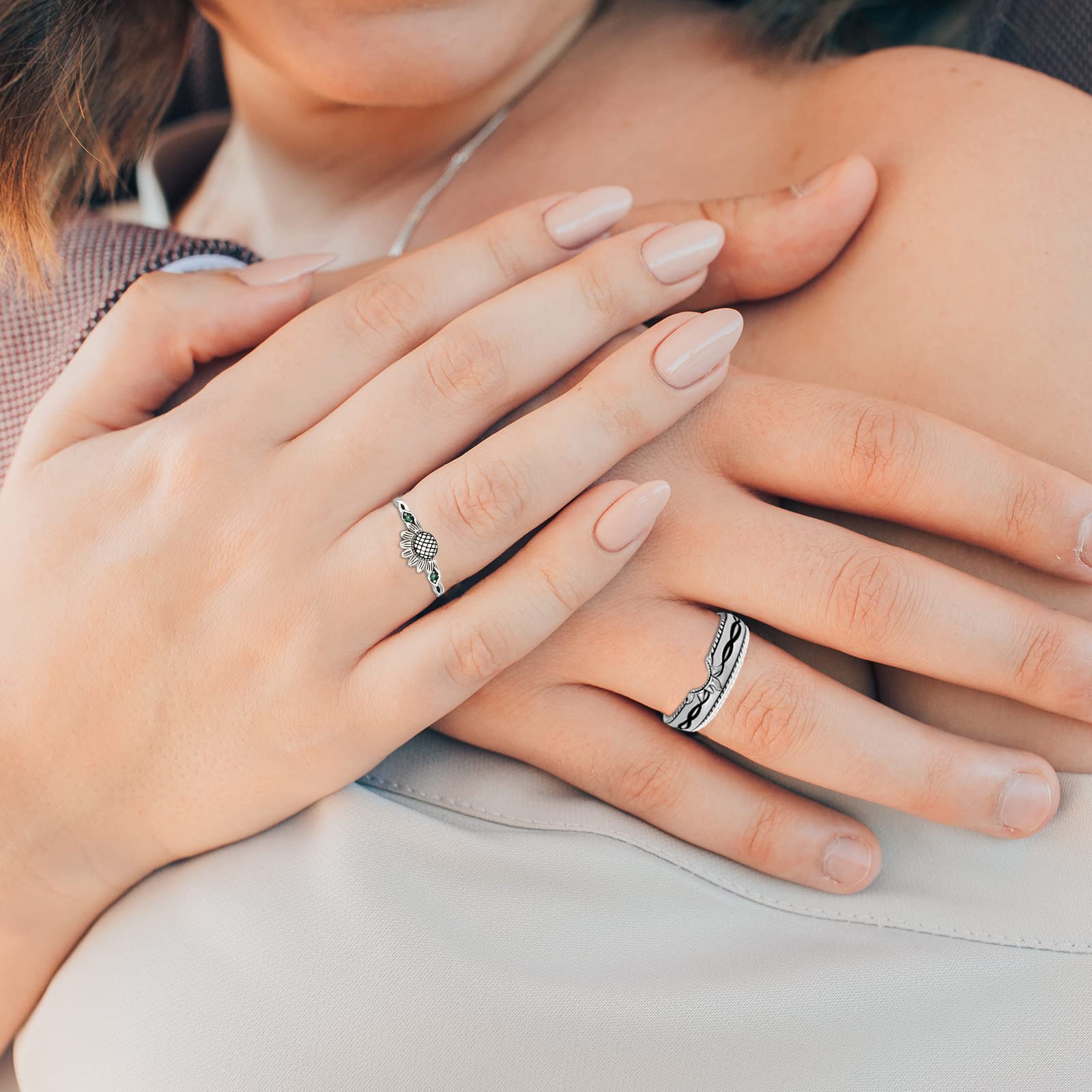 Promise Rings for Couples - Sterling Silver Adjustable Matching Wedding Bands for Him & Her - Emerald Sunflower Engagement Rings - Perfect for Anniversaries, Proposals & Romantic Gifts