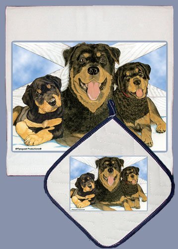 DP473 Premium Dish Towel and Pot Holder Set with Rottweiler Design - Absorbent Kitchen Towels & Heat Resistant Oven Mitts for Cooking, Baking, and Home Decor