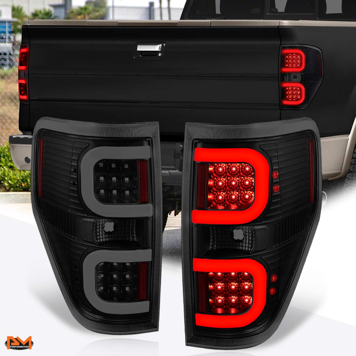 Dual LED C-Bar Tail Lights Brake Lamps Assembly for 09-14 Ford F-150 - Black Housing & Smoked Lens - Upgrade Your Truck's Style & Visibility for Night Driving & Off-Road Adventures