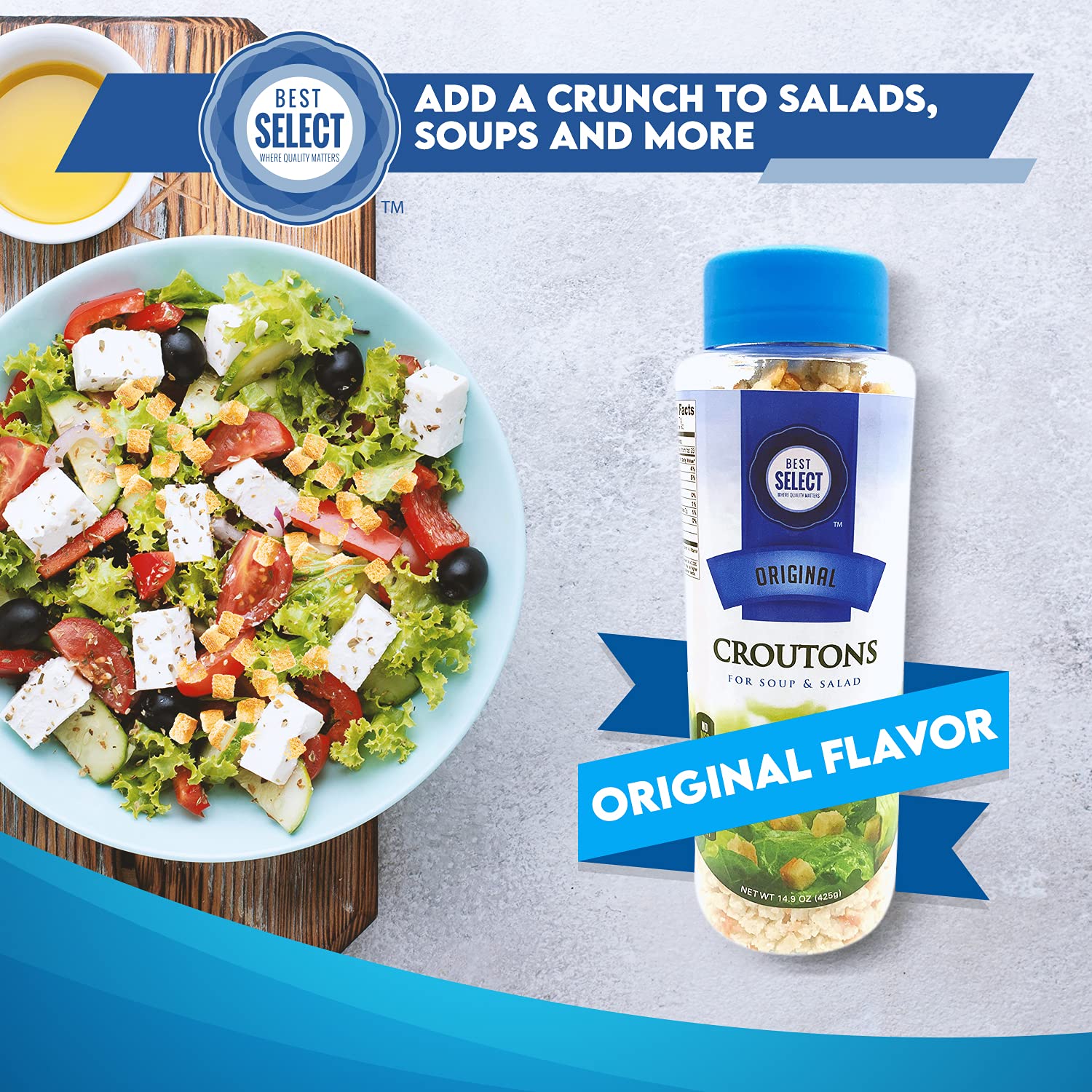 Best Select Mini Croutons for Salad 15 Oz - Original Flavor Crunchy Salad Toppings | Kosher Vegan Non-Dairy Croutons for Soups, Stuffing & Snacks | Resealable Container for Freshness | Perfect for Caesar Salad, Tomato Soup & Party Appetizers