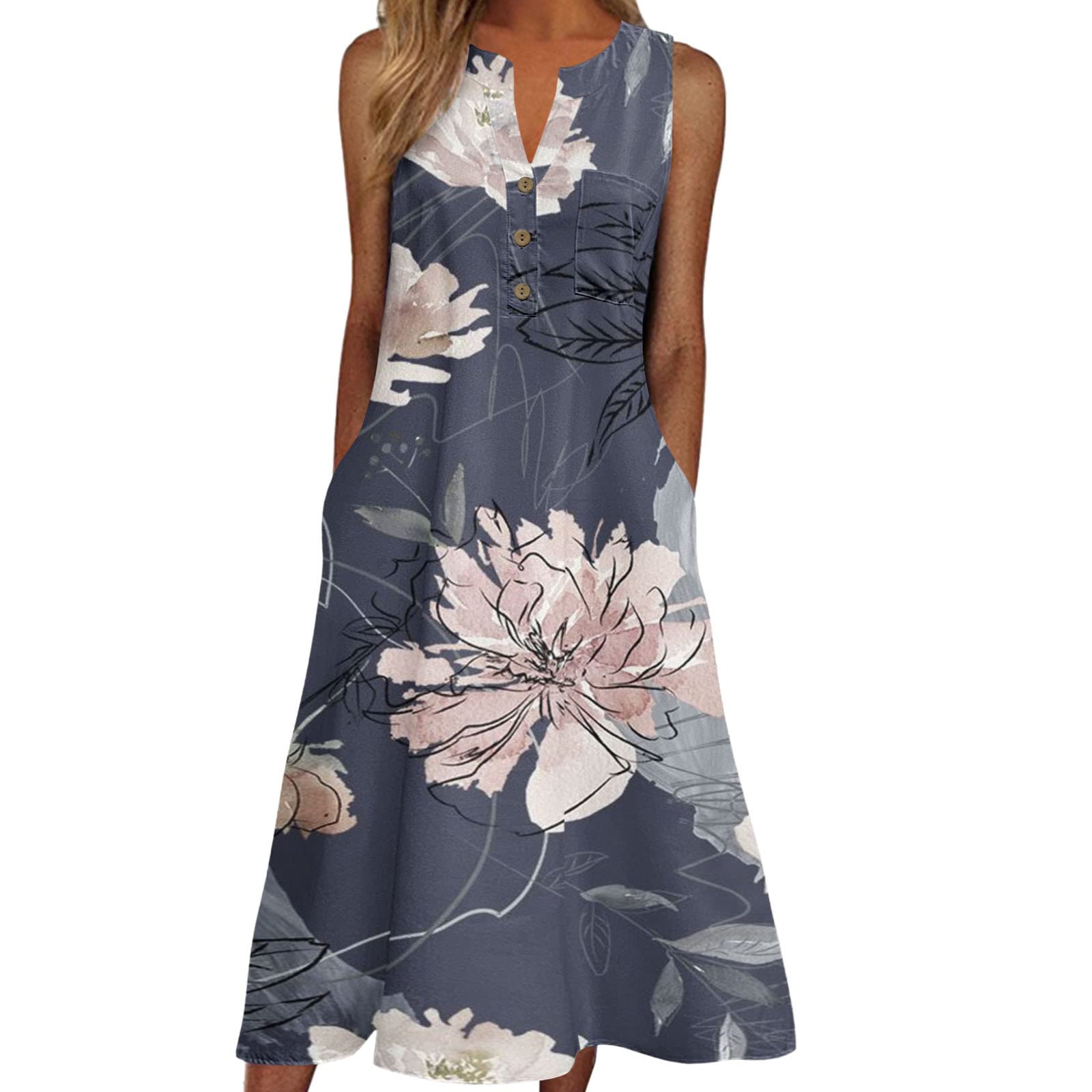 Sexy Women's V-Neck Sleeveless Button Print Midi Dress - Casual Summer Sun Dress for Beach, Party & Everyday Wear