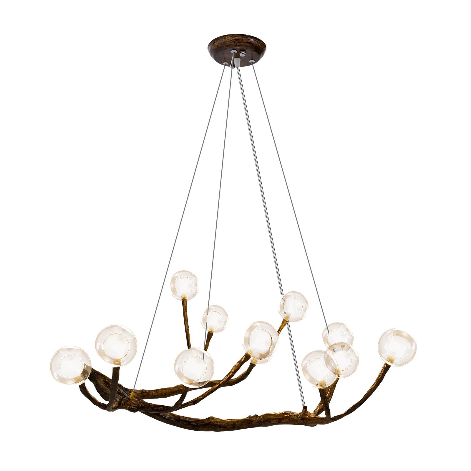 Modern Wood Branch Chandelier - 12 Bulb Adjustable LED Hanging Light with Resin Tree Design & Industrial Glass Bubbles - Perfect for Bedroom, Living Room, Dining Room & Home Decor Lighting
