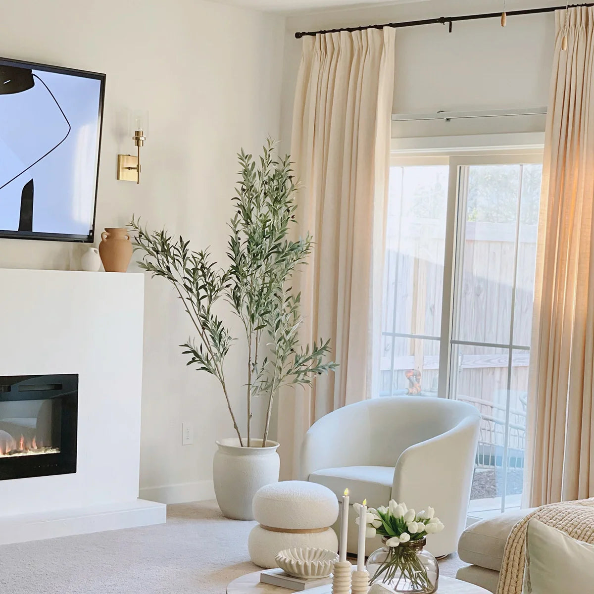 Pinch Pleated Blackout Curtains - 100% Linen Fabric, Thermal Insulated, Noise Reducing for Bedroom & Living Room - Modern Custom Drapes in Natural Burlywood & Birch Colors - Perfect for Home Theater, Nursery & Light Control