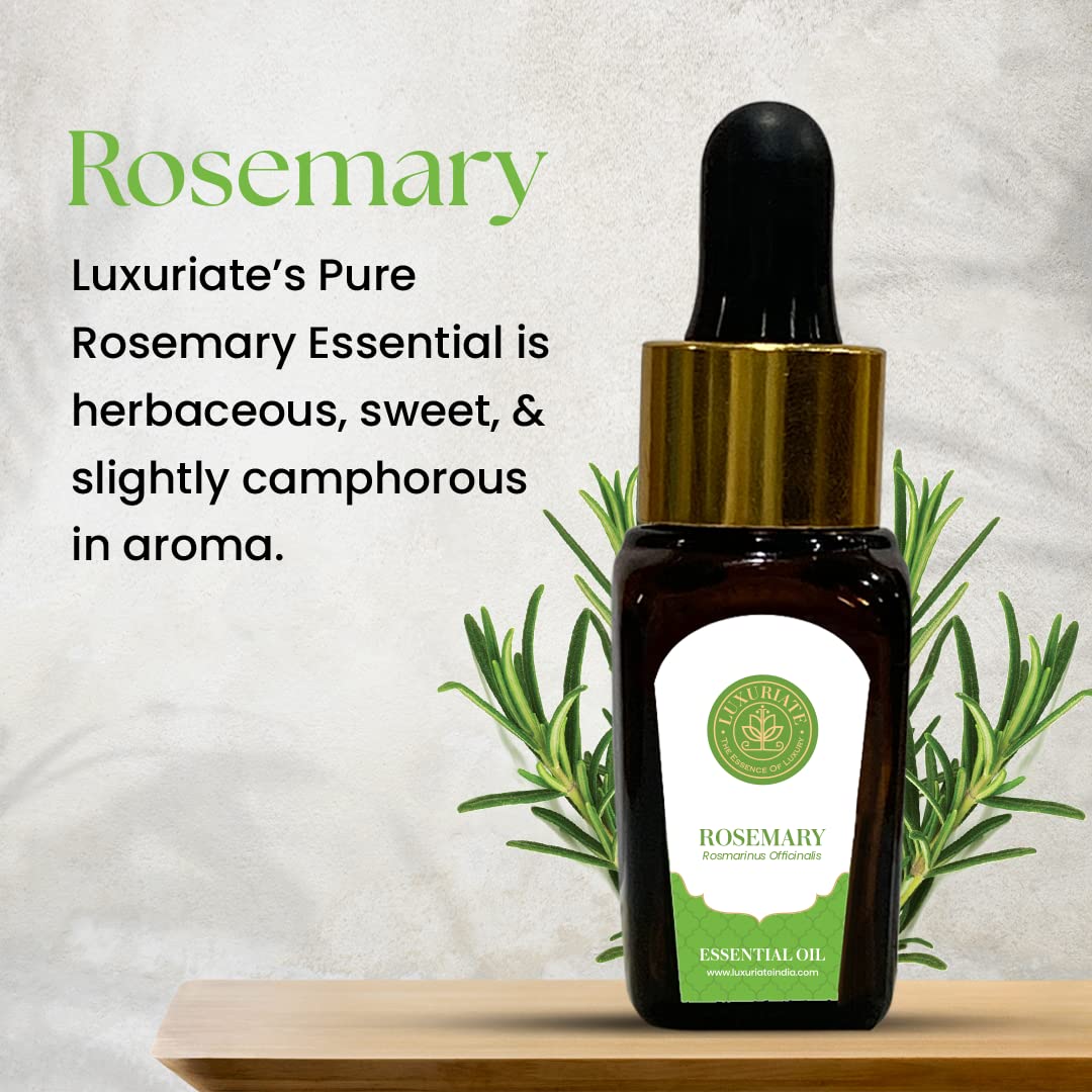 LUXURIATE 100% Pure Natural Rosemary Essential Oil for Hair Growth, Skin Care & Acne Treatment - Aromatherapy Oil for Diffusers, Home Fragrance (10ml) - Perfect for Spa, Massage & Relaxation