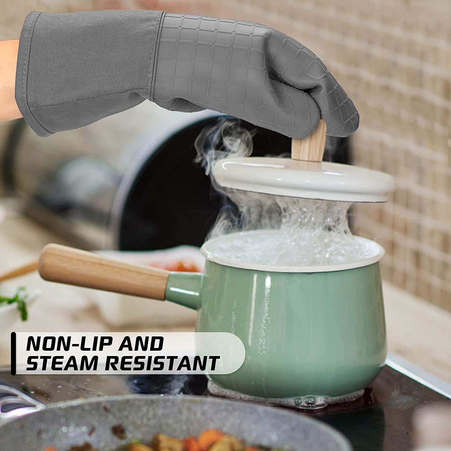 HOMWE Heat-Resistant Silicone Oven Mitts & Pot Holders Set of 4 - Non-Slip Textured Grip for Kitchen Baking, Cooking & Grilling - Heavy Duty Protection for Hot Pans, Dishes & BBQ