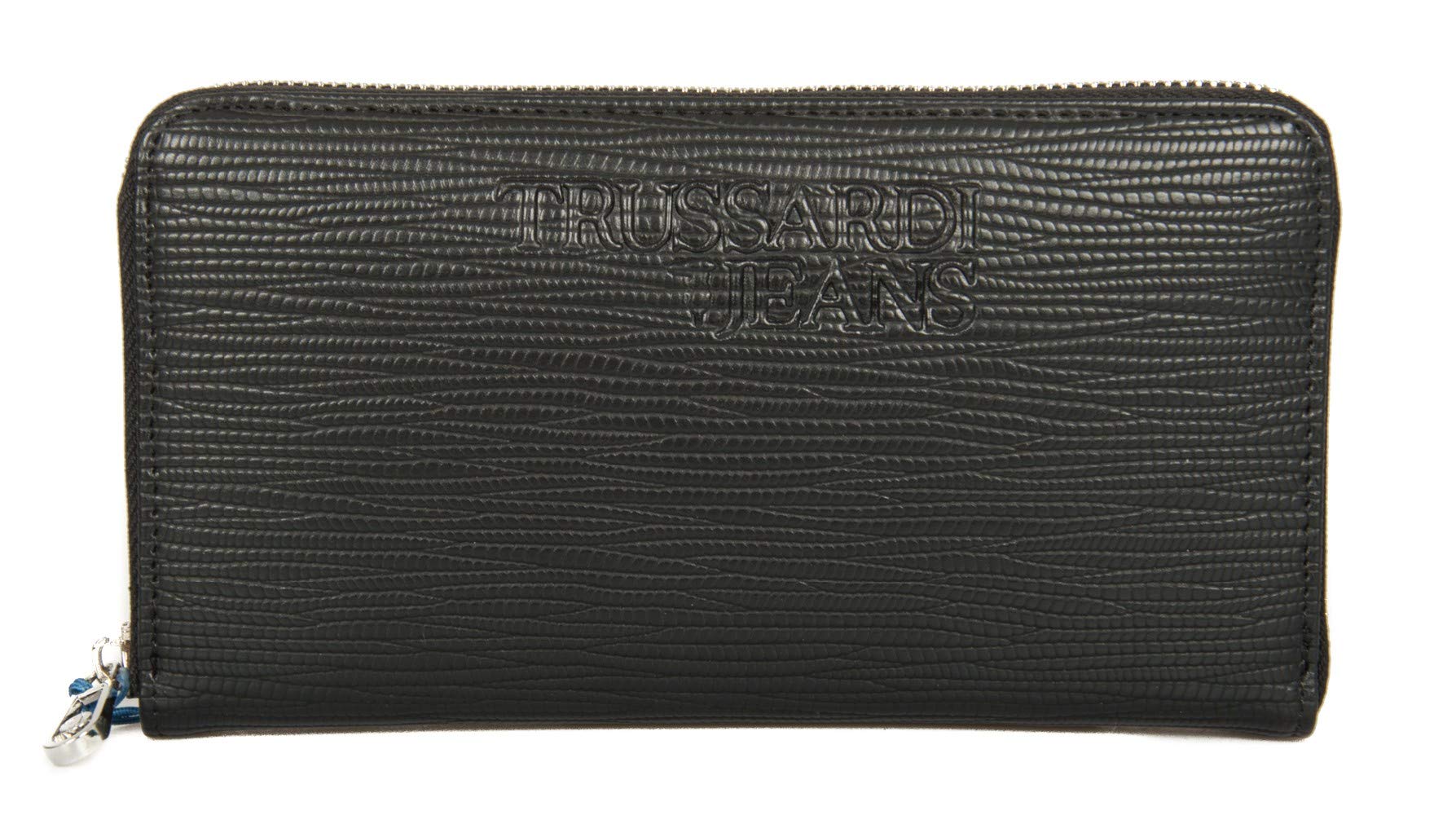 Trussardi Women's Black Saffiano Leather Zip Around Wallet with 3 Pockets - 20.5x11x2.5cm - One Size (Model JEANS 75W00180 T-TOTE) | Perfect for Everyday Use, Travel & Gift Giving