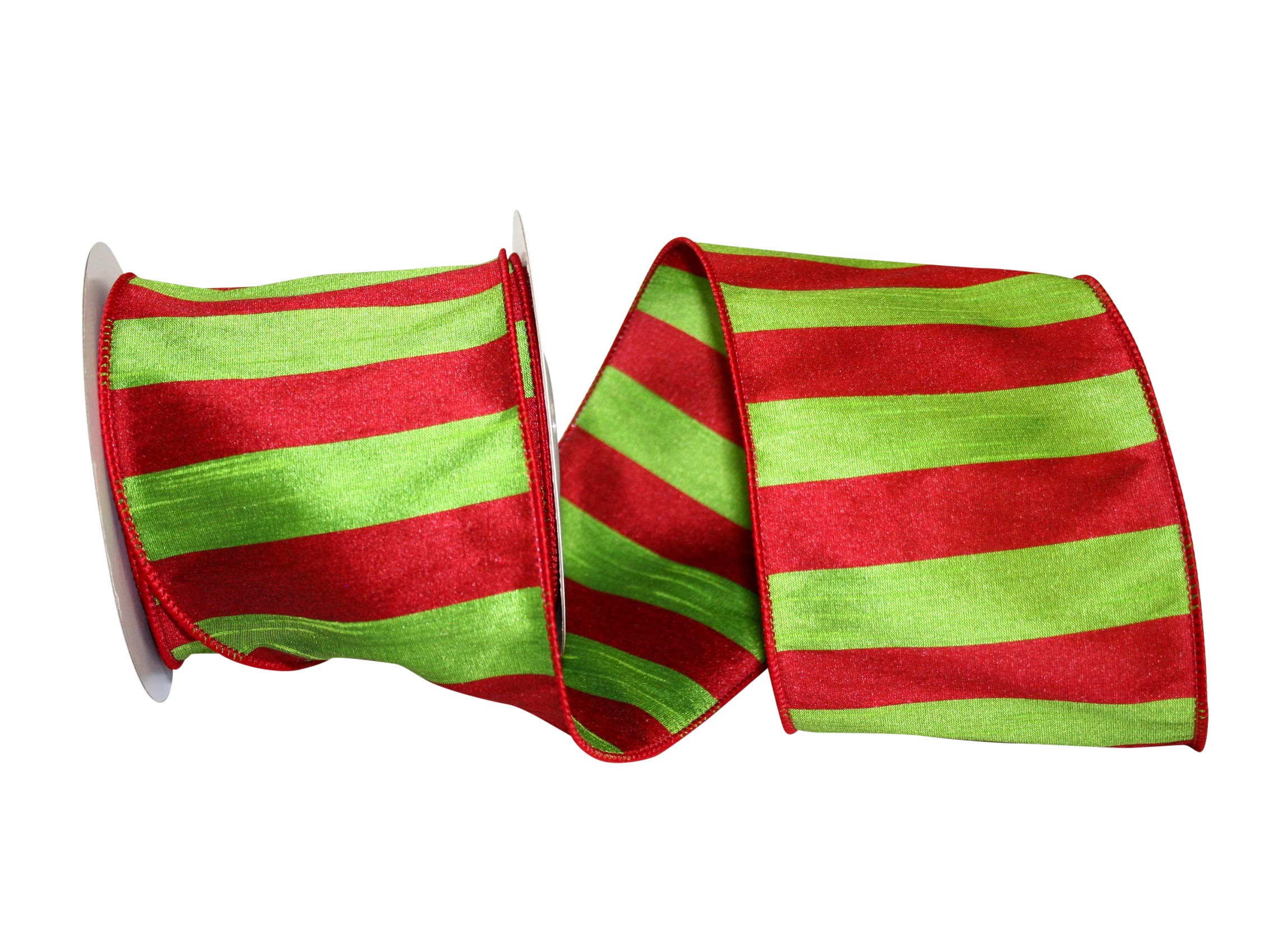 Premium Reliant Ribbon Stripe Dupioni Wired Edge Ribbon - 4 Inch x 10 Yards, Chartreuse & Red - Perfect for Gift Wrapping, Wedding Decor, and DIY Crafts