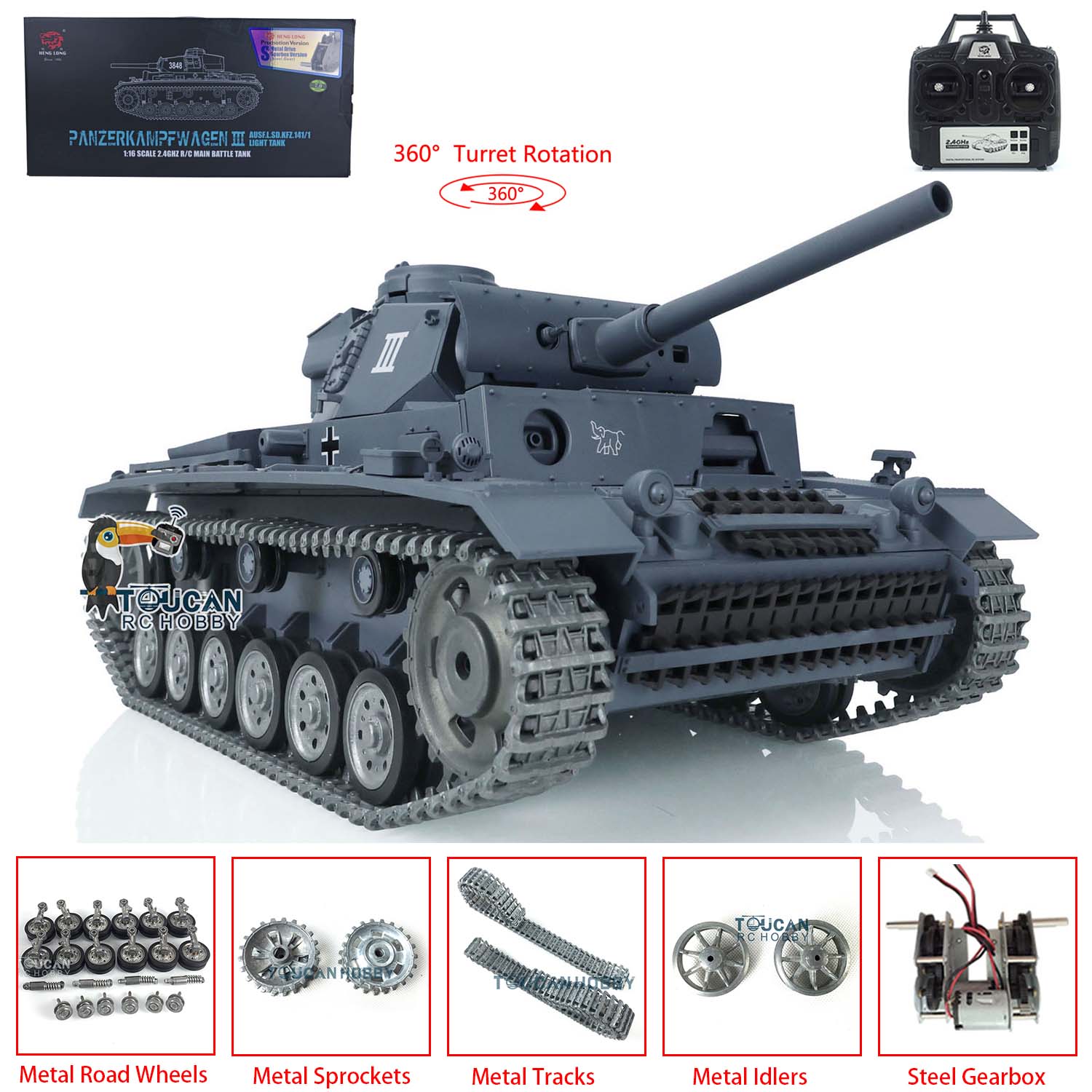 Henglong 1/16 Scale 7.0 Customized Panzer III L RTR RC Tank Model 3848 with 360° Rotating Turret, Metal Tracks, Idler Sprocket & Road Wheels - Perfect for Military Enthusiasts, Collectors and RC Tank Battles