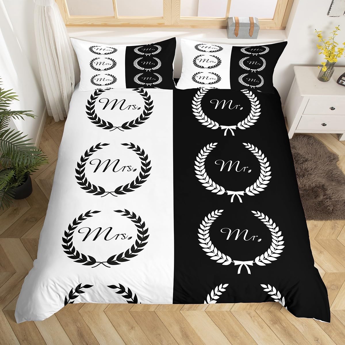 Erosebridal Black and White Duvet Cover Twin Size - Mr and Mrs Bedding Set 2 Pieces, Soft Microfiber Couple Romantic Theme Comforter Cover 68