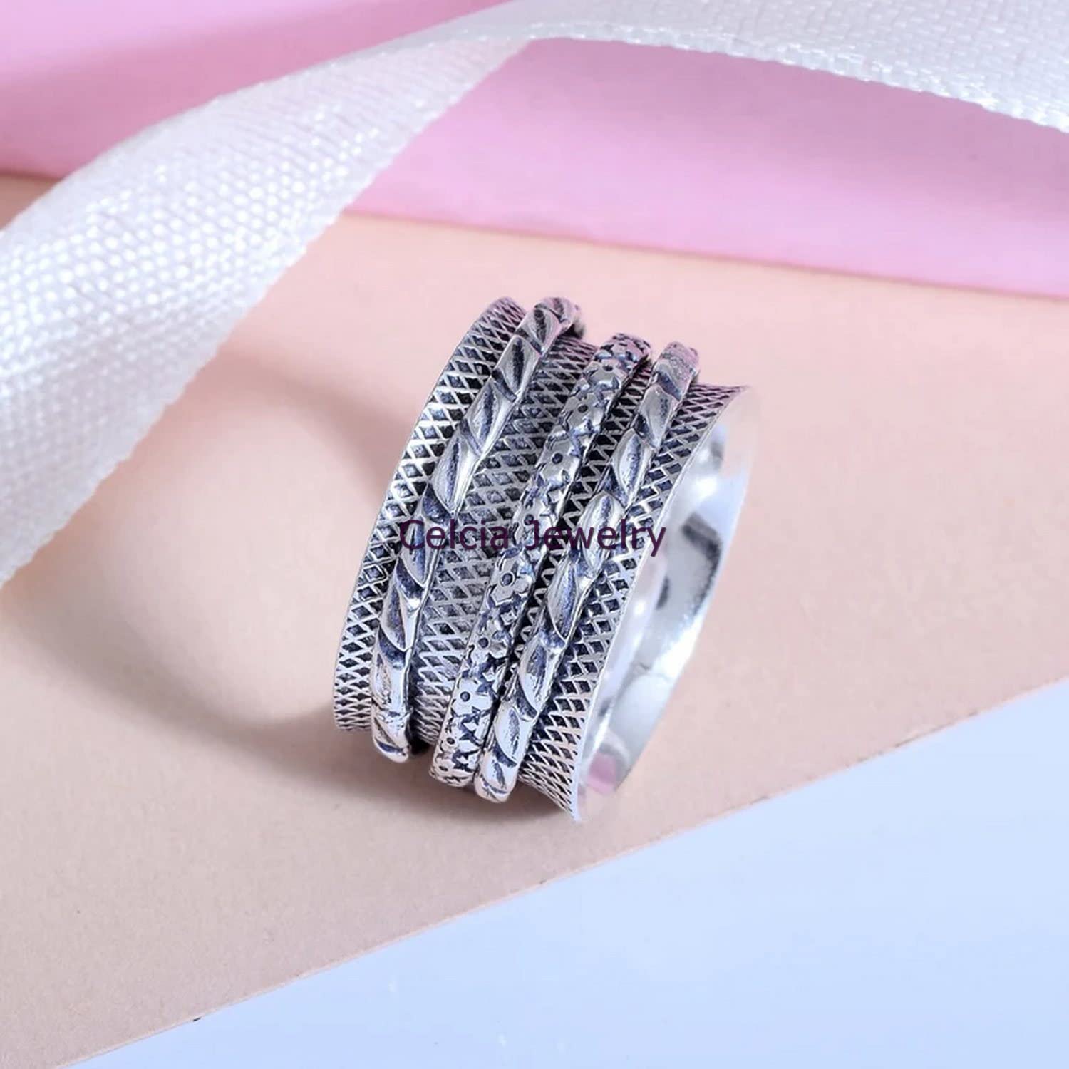925 Sterling Silver Spinner Ring for Anxiety Relief & Meditation - Stress Relief Fidget Jewelry for Women - Dainty Stackable Ethnic Ring (Size 7) - Perfect for Daily Wear, Yoga & Mindfulness Practice