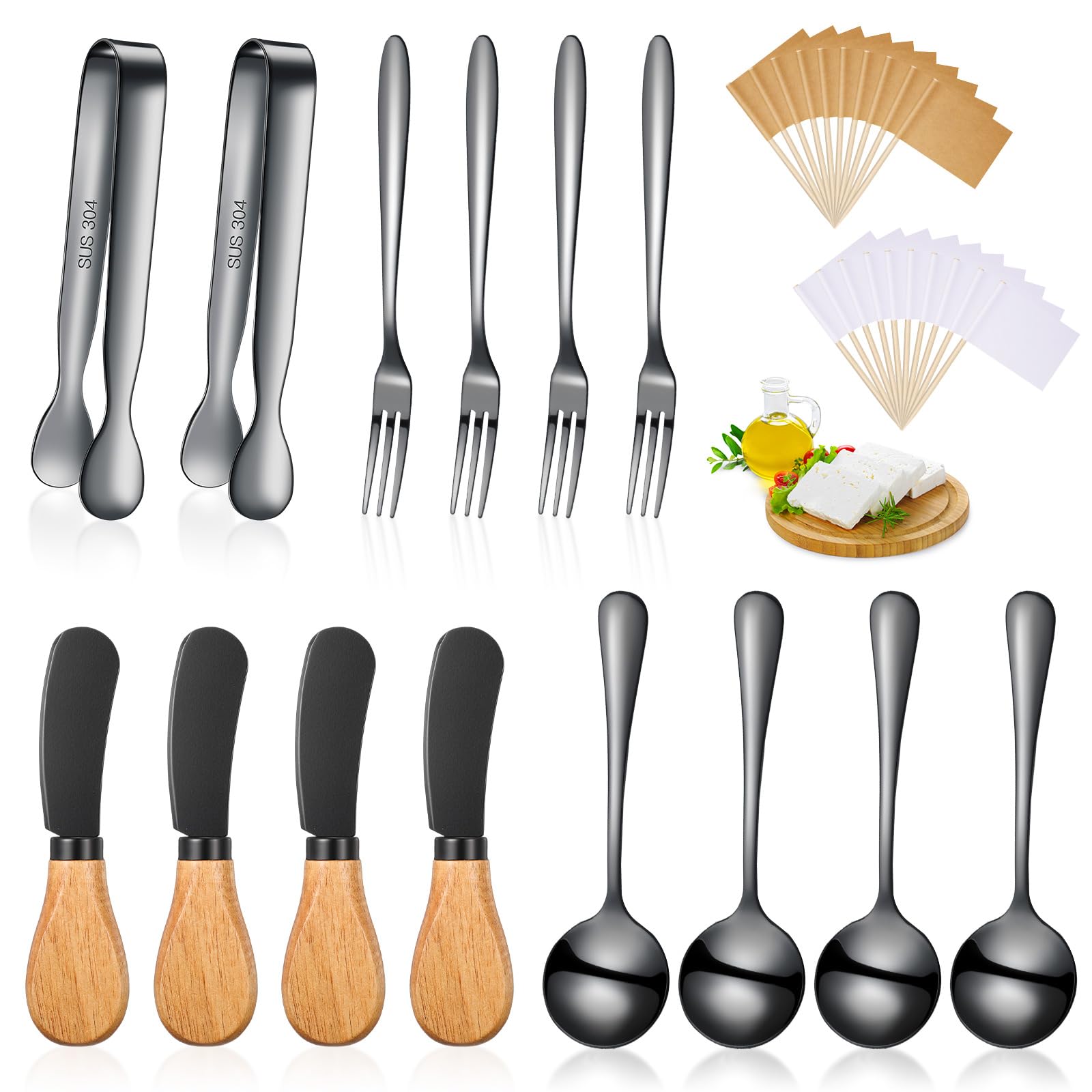 Premium Stainless Steel Cheese Butter Spreader Knives Set with Wooden Handles - 14-Piece Charcuterie Board Accessories Kit Includes Mini Serving Tongs, Spoons & Forks - Perfect for Cheese Platters, Charcuterie Boards & Entertaining (Black)