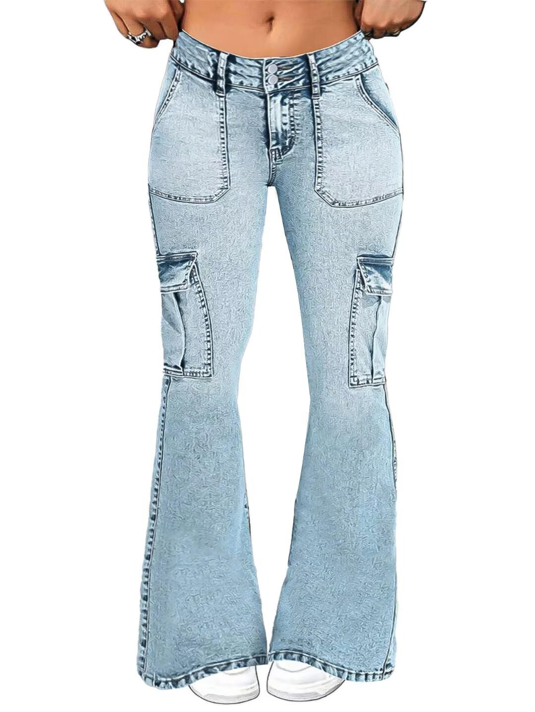 Flamingals Women's High Waist Cargo Jeans - Wide Leg Flare Denim Pants with Butt Lifting Design & Flap Pockets | Y2K Fashion for Casual Wear, Street Style & Retro Outfits