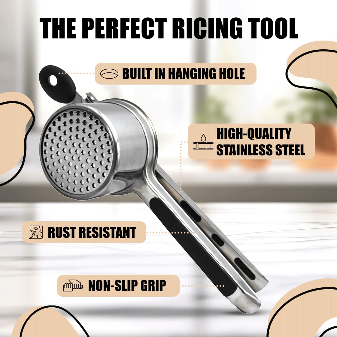Stainless Steel Potato Ricer 15 oz - Heavy Duty Potato Masher for Creamy Mashed Potatoes - Kitchen Tool for Perfect Puree, Baby Food & Juicing - Ideal for Home Cooking & Professional Kitchens