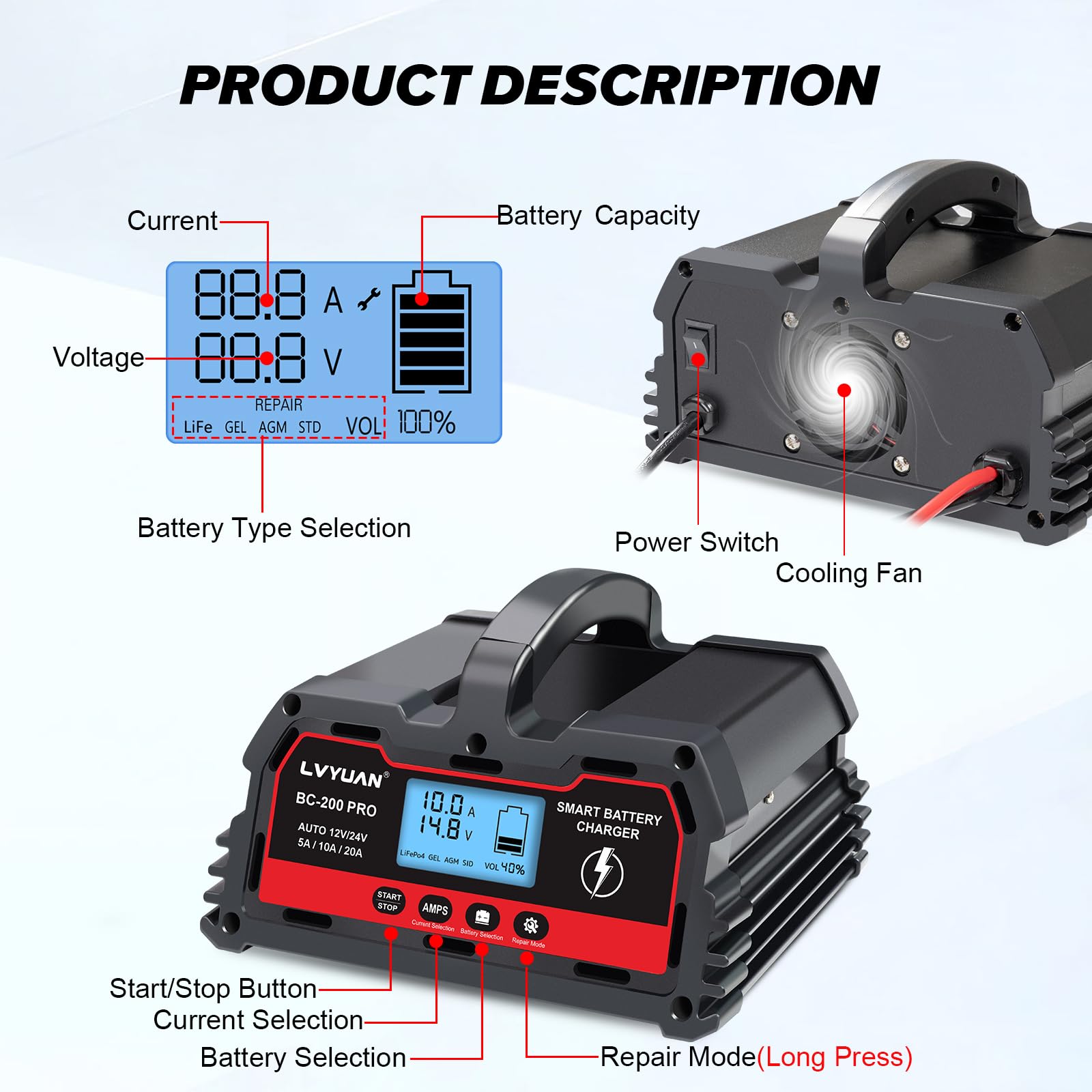 LVYUAN 12V/24V Smart Car Battery Charger & Maintainer - 10A/20A Automotive Charger for Cars, Trucks, Motorcycles - Works with LiFePO4 Lithium & Lead Acid Batteries - Perfect for Winter Storage, RV Maintenance & Emergency Vehicle Jump Starts