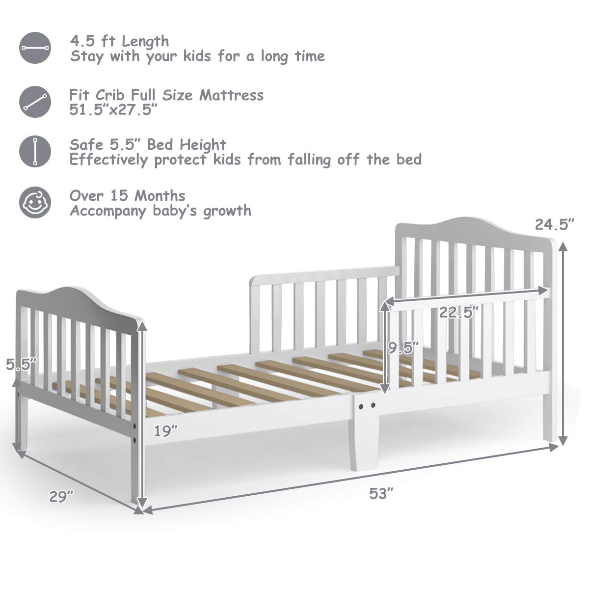 HONEY JOY Toddler Bed Frame - Solid Rubber Wood with Safety Guardrail, Fits Full Size Crib Mattress (Not Included) | Classic Kids Bedroom Furniture for Boys & Girls (White) - Perfect for Nursery, Daycare & Children's Bedrooms