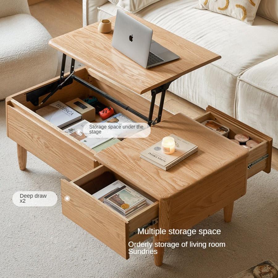 Solid Oak Wood Modern Lift-Top Coffee Table with Slate Surface - Perfect for Living Room, Home Office, and Small Spaces