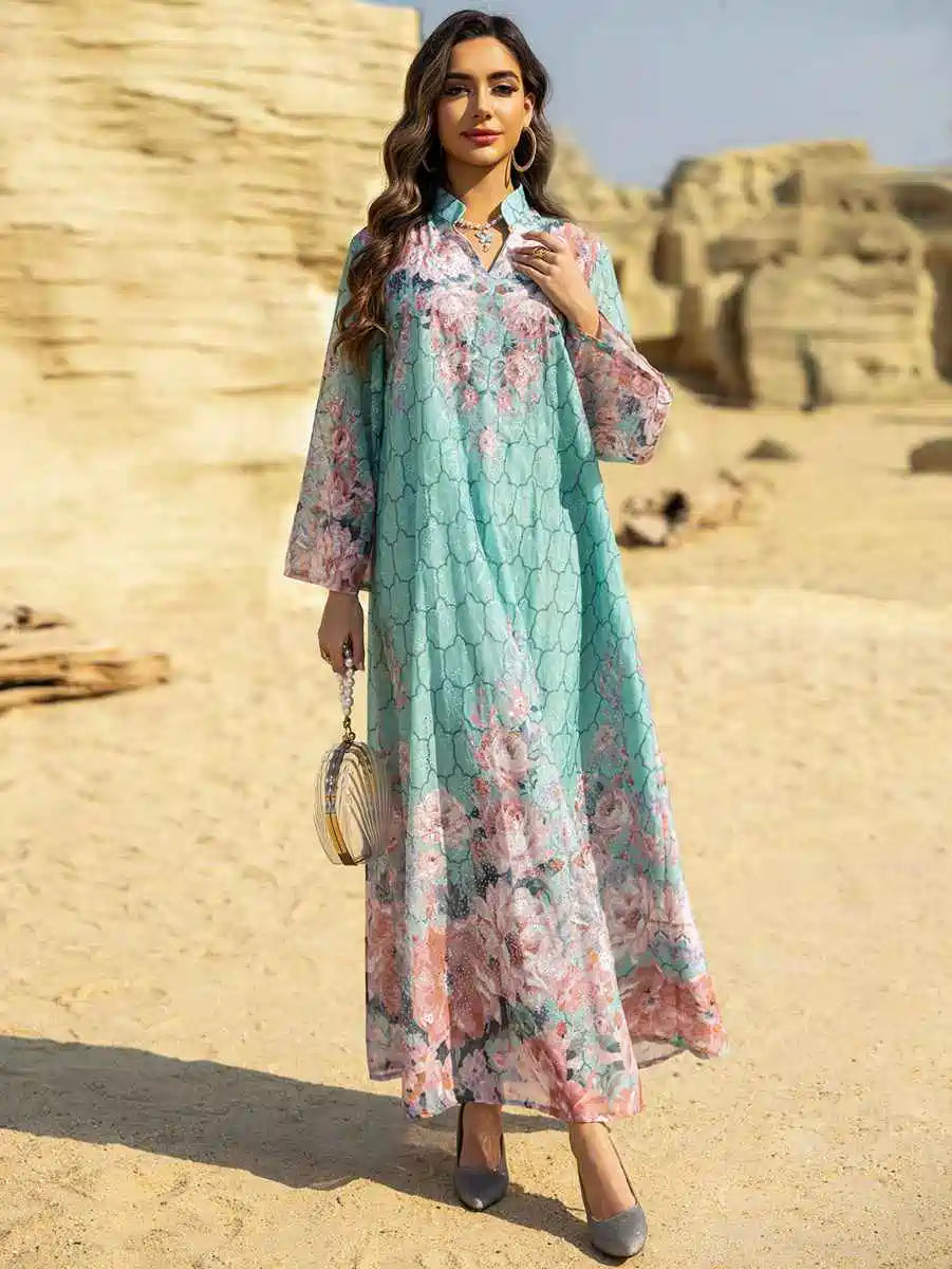 Elegant Eid Dress for Women - Embroidered Caftan Kaftan with Floral Print #25463 | Perfect for Eid Celebrations, Weddings & Special Occasions