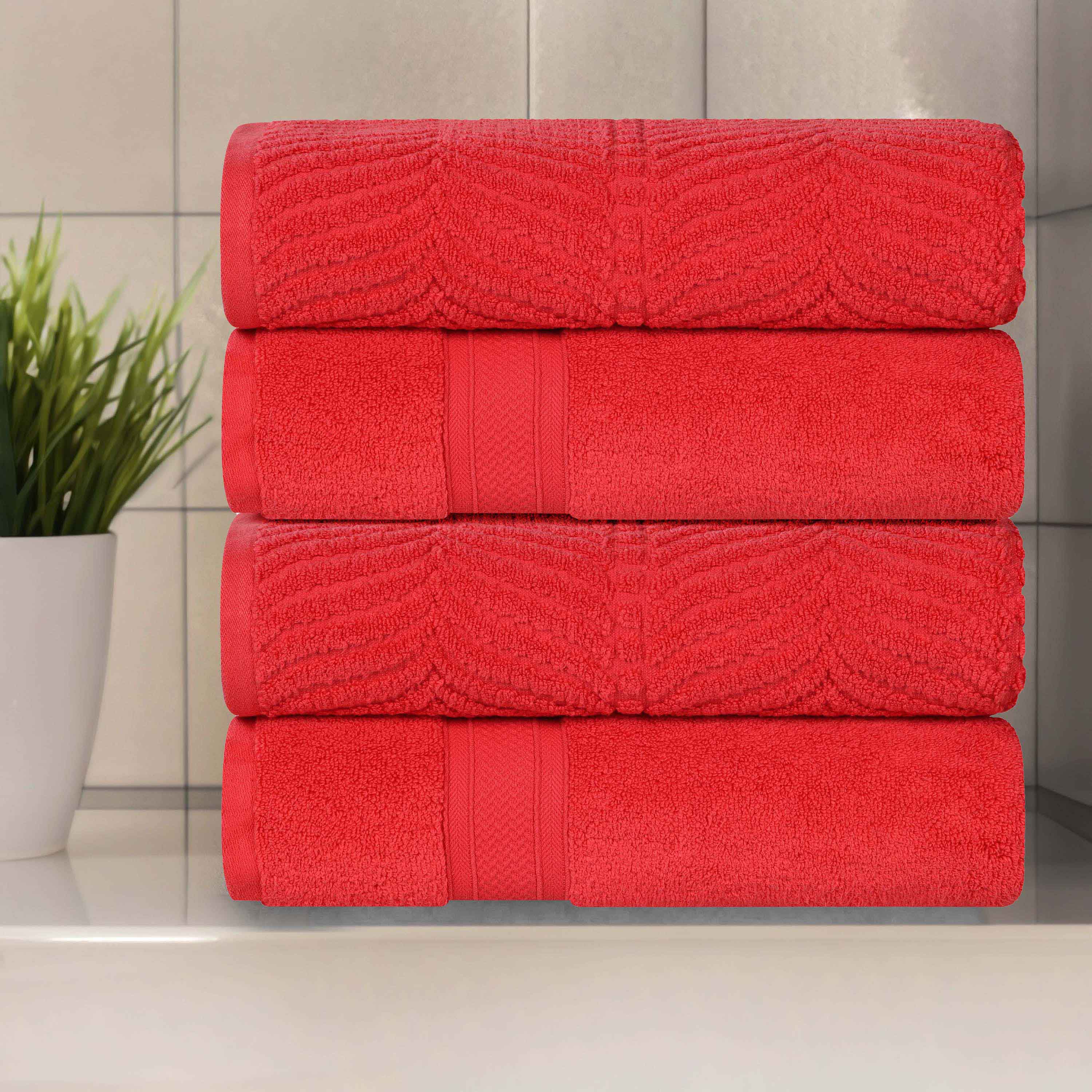 Premium Zero Twist Cotton Bath Towel Set of 4 - Soft & Absorbent Solid & Jacquard Chevron Design for Luxury Bathroom, Spa, and Guest Use