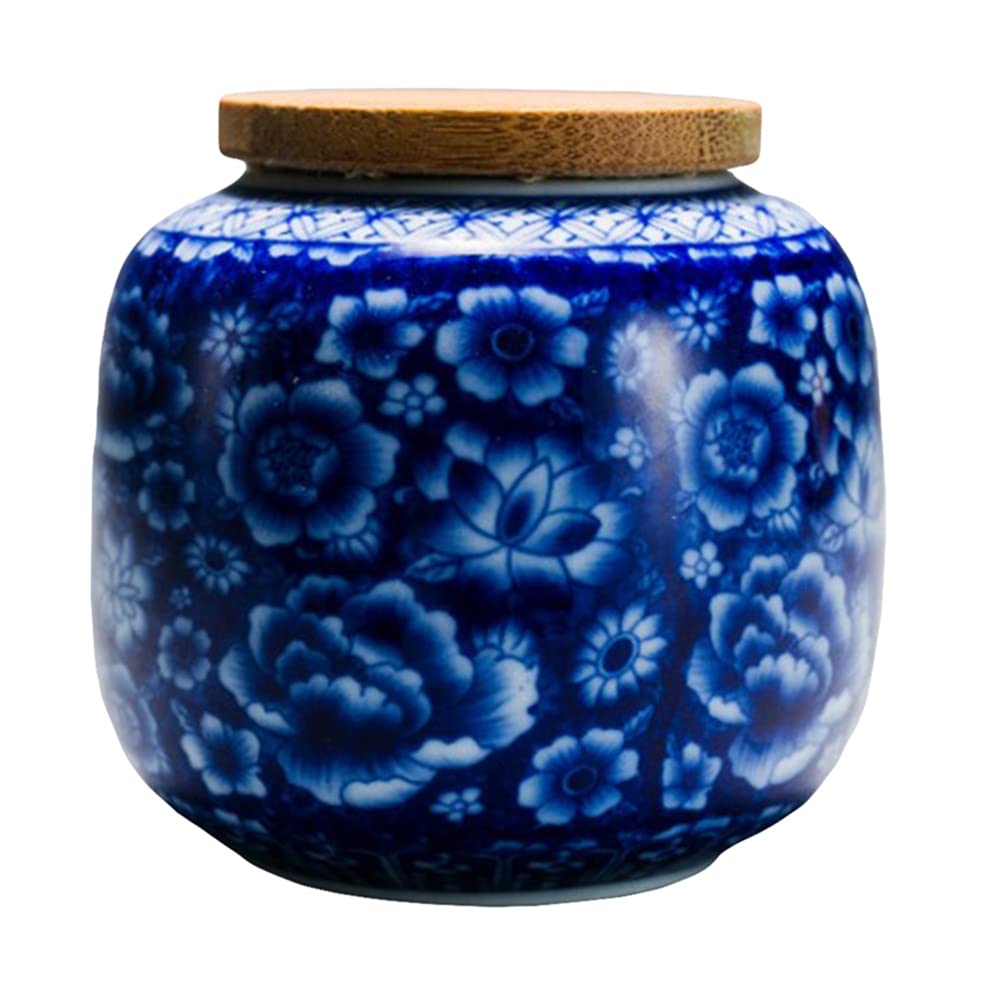 400ml Vintage Ceramic Storage Jar with Wooden Airtight Lid - Chinese Porcelain Tea Canister for Coffee, Sugar, Spices, Nuts & Cereal | Pantry Organization & Kitchen Decor (Blue) | Perfect for Tea Storage, Coffee Grounds, Baking Ingredients & Home Display