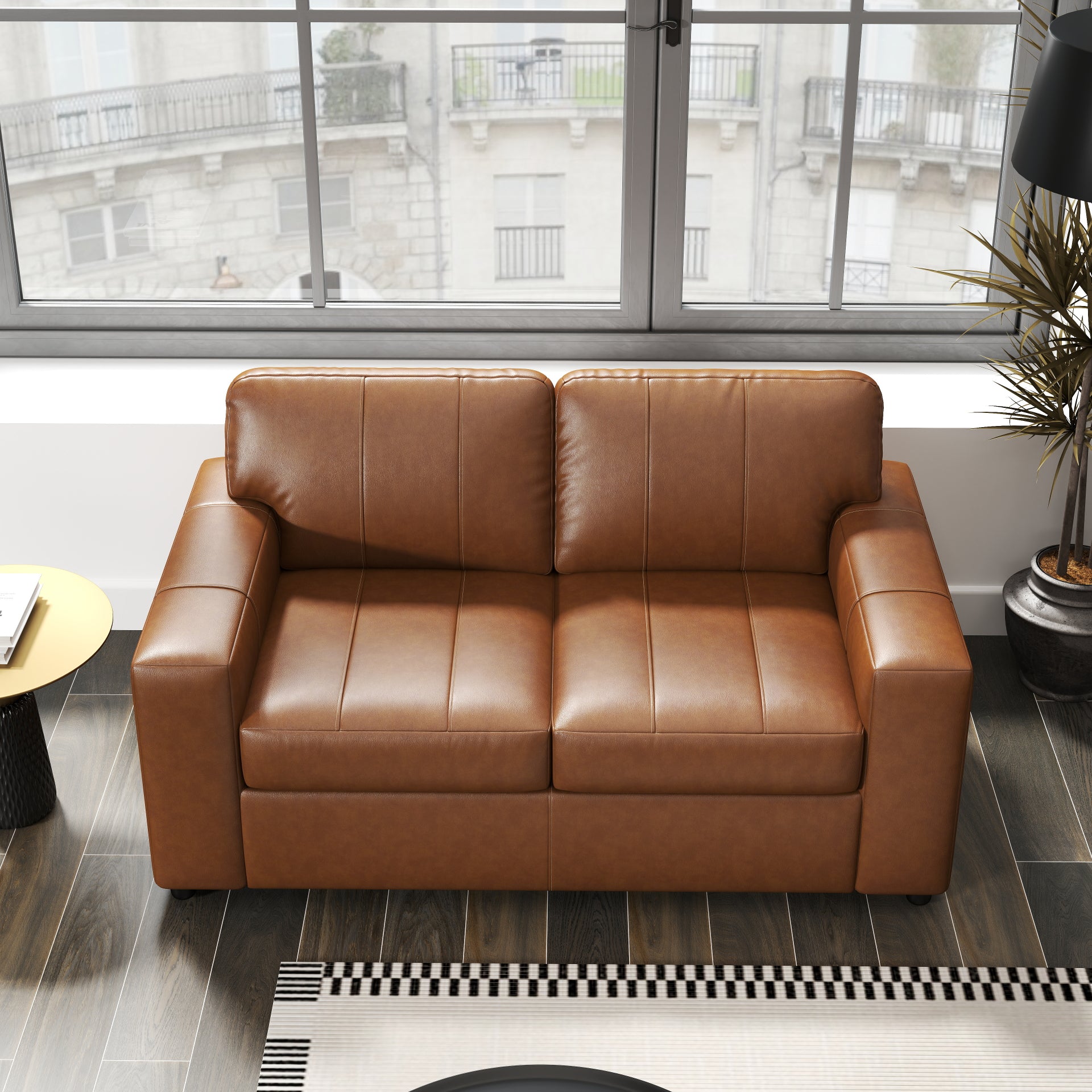 Roundhill Furniture Sakan Genuine Leather Upholstered Loveseat Sofa - Modern Two-Seater for Living Room, Lounge & Office