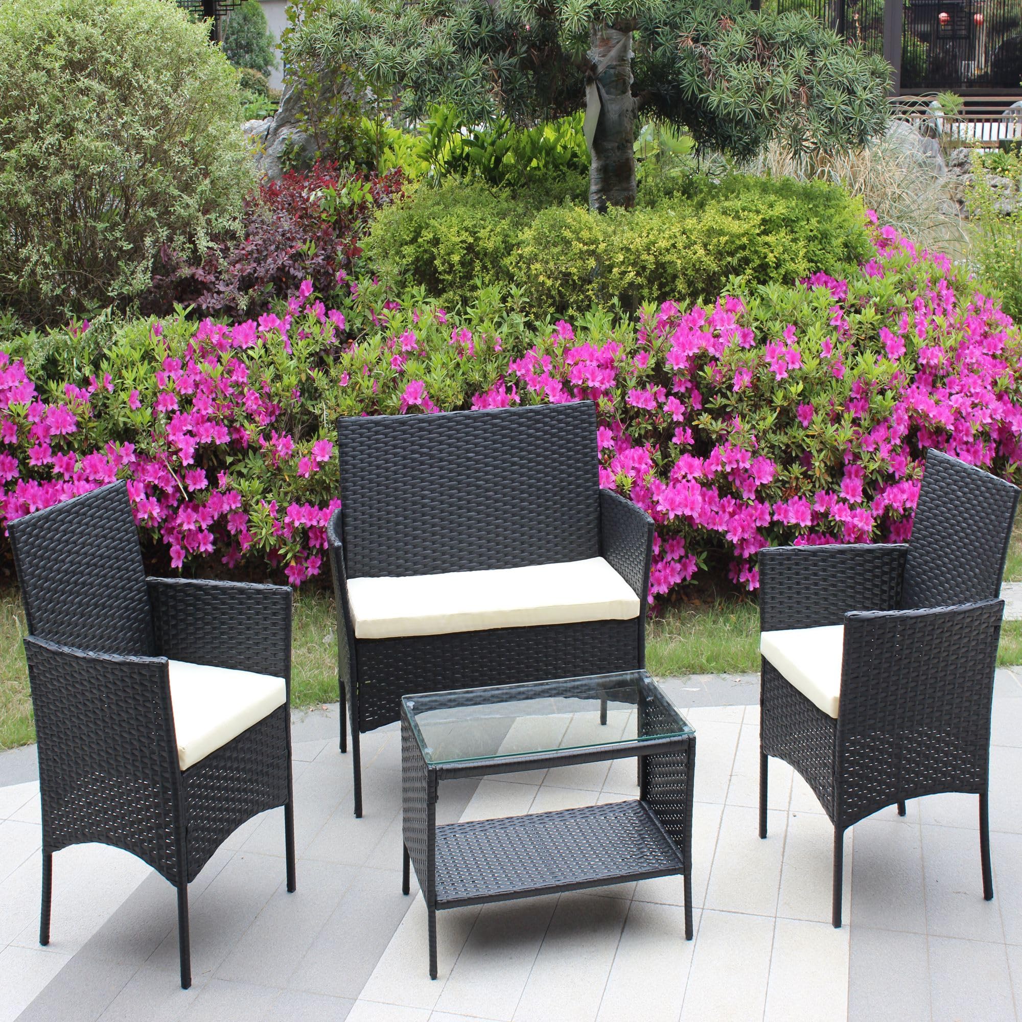 Rhomtree 4-Piece Outdoor Rattan Furniture Set - Patio Wicker Sofa Conversation Set with Coffee Table - Water-Resistant Beige Cushions - Perfect for Backyard, Porch, Garden, Poolside & Balcony - Indoor/Outdoor Use for Relaxation & Entertaining