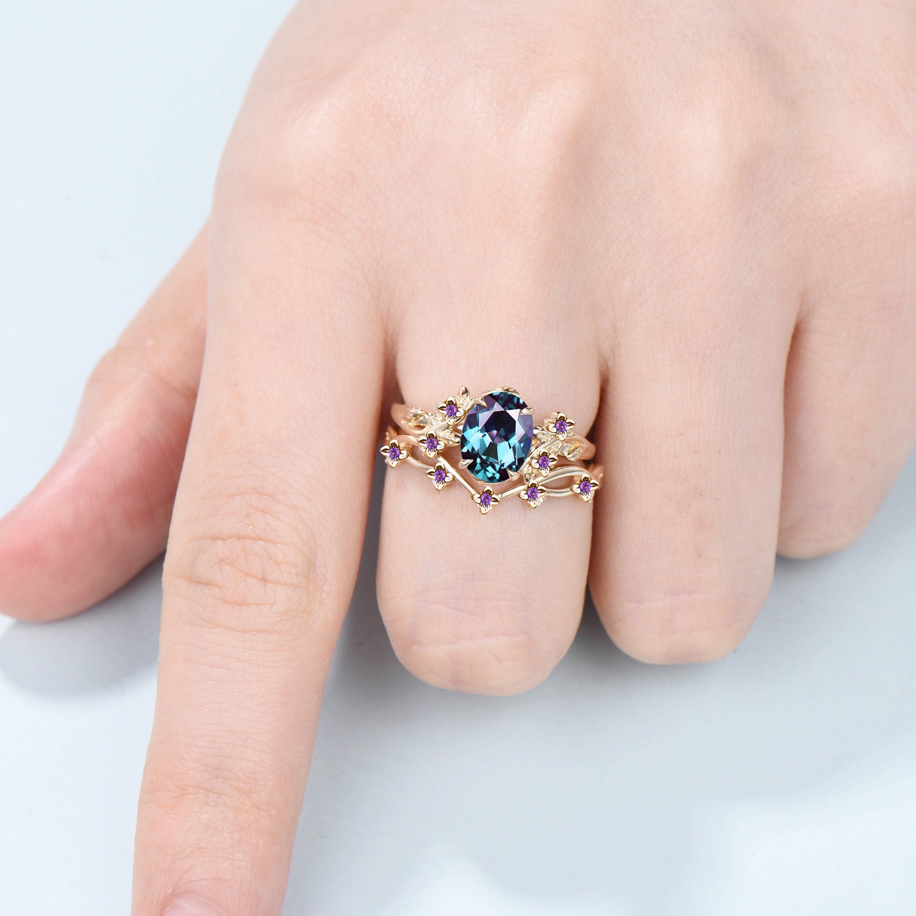 Natural Alexandrite & Amethyst Flower Ring Set - Color Changing Purple Cluster Branch Engagement Ring for Women - Unique Wedding Jewelry for Brides, Anniversary & Special Occasions