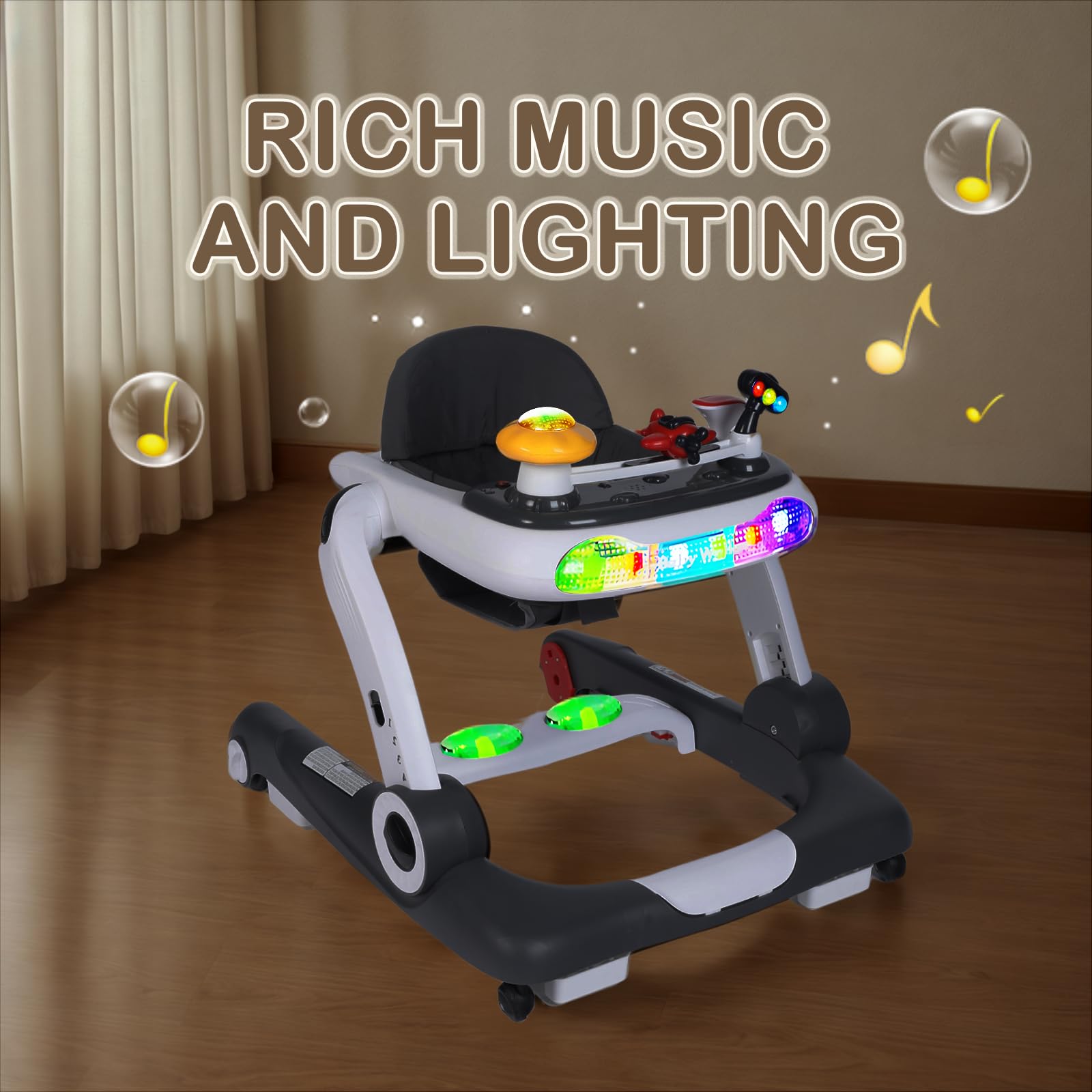 **Kinder King 5-in-1 Baby Walker with Music & Lights - Adjustable Height & Seat, Learning & Walk-Behind Activity Walker for Toddlers - Safety Bumper & Anti-Rollover Design (Grey) - Perfect for Playtime & Early Learning Development**