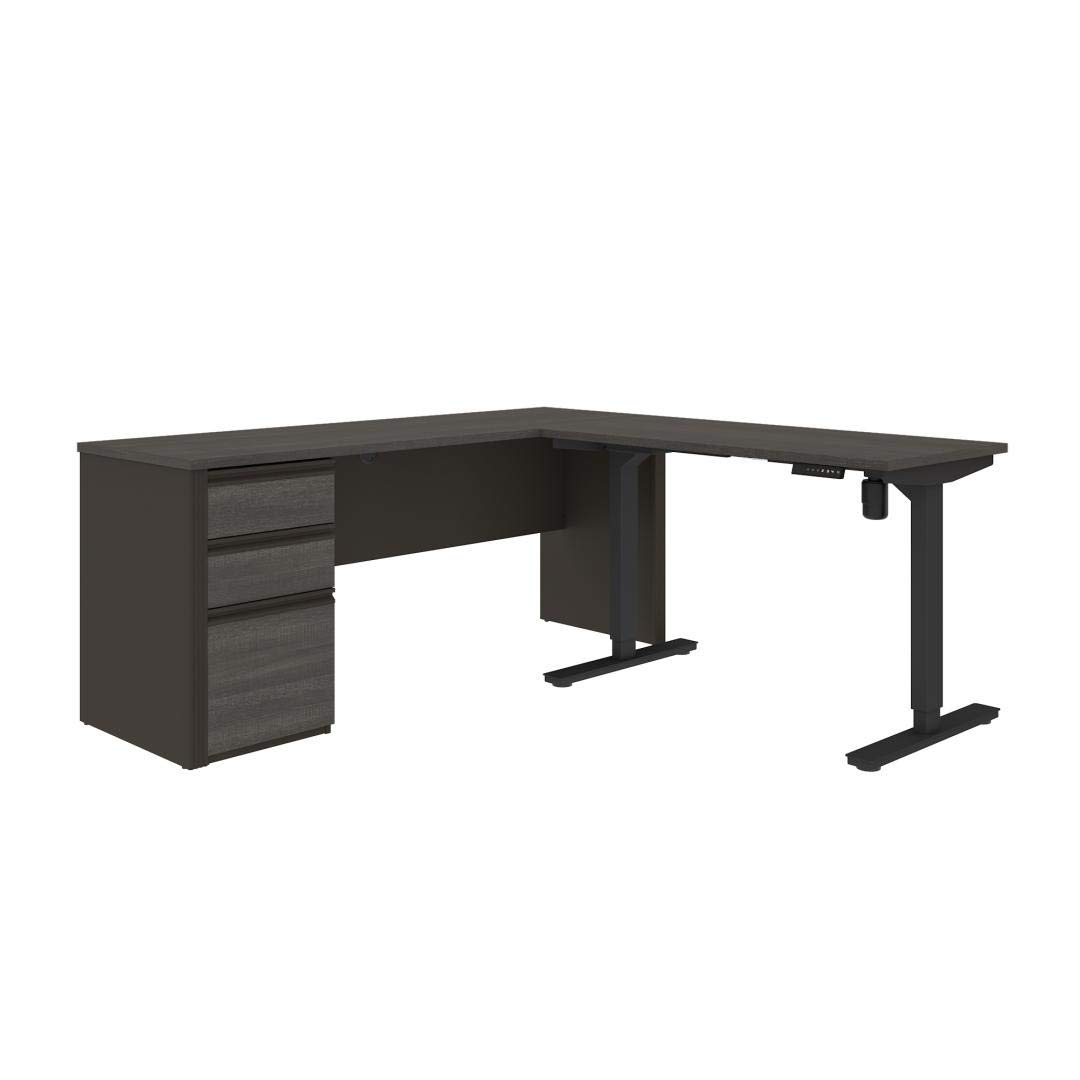 Bestar Prestige L-Shaped Standing Desk with Pedestal - 72 Inch Wide, Bark Grey & Slate Finish - Ergonomic Home Office Desk for Work from Home & Gaming Setup