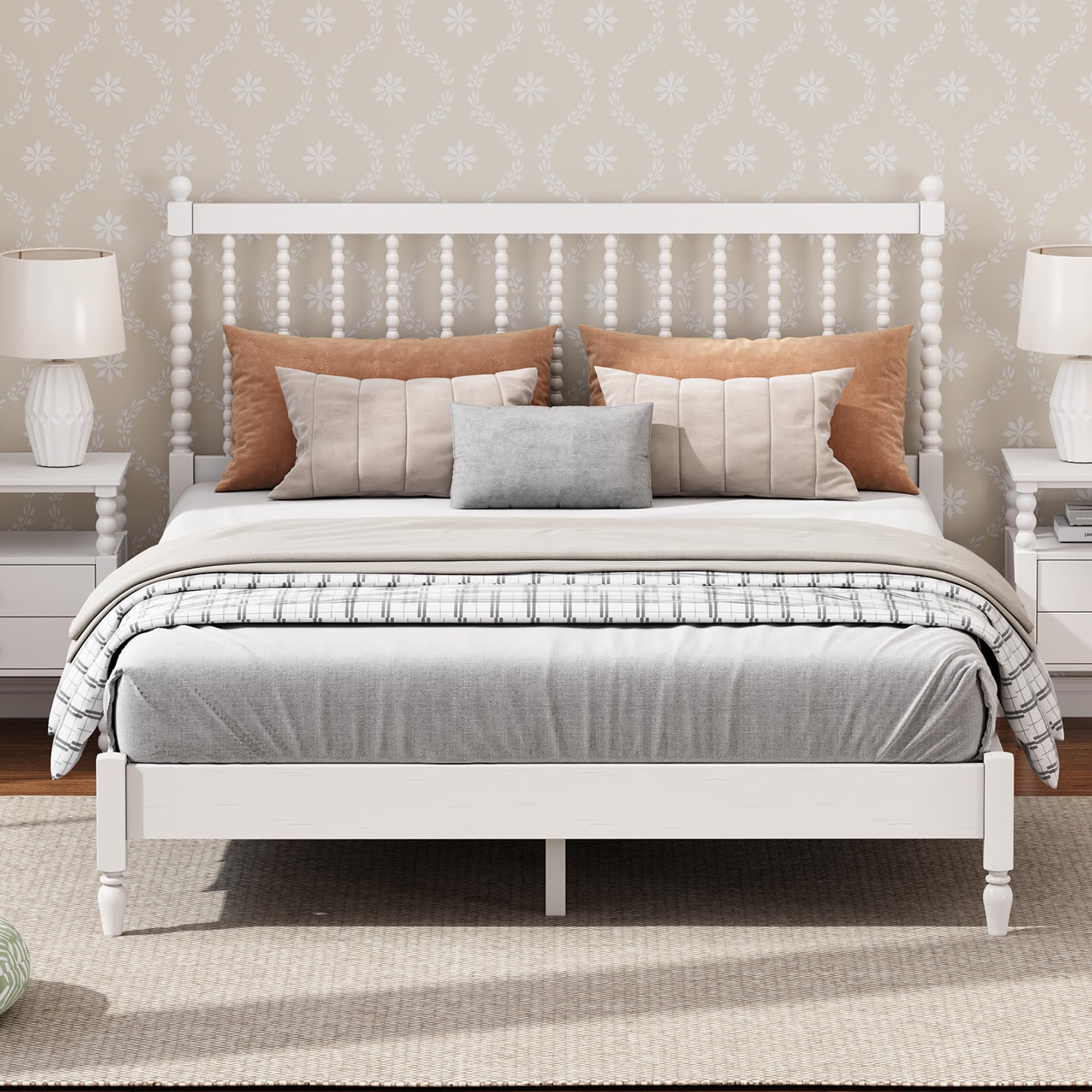 SOFTSEA King Size Platform Bed Frame with Gourd Shaped Headboard - Sturdy Wooden Bed with Slat Support, No Box Spring Needed - Perfect for Kids' Bedroom & Guest Room (White)