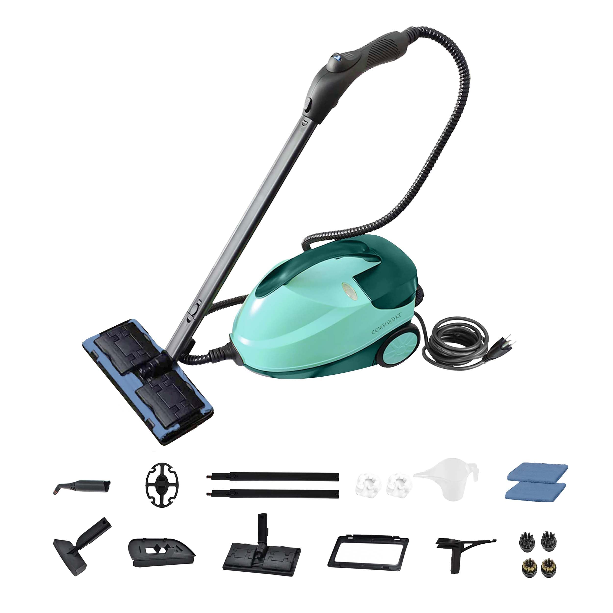 Comforday Multipurpose Steam Cleaner with 17-Piece Accessory Kit, 1.5L Large Water Tank & 9.8ft Long Cord - Powerful Handheld Steamer for Deep Cleaning Floors, Kitchen, Windows, Ovens, Cars, Upholstery - Ideal for Home, Office, and Auto Detailing (Cyan)