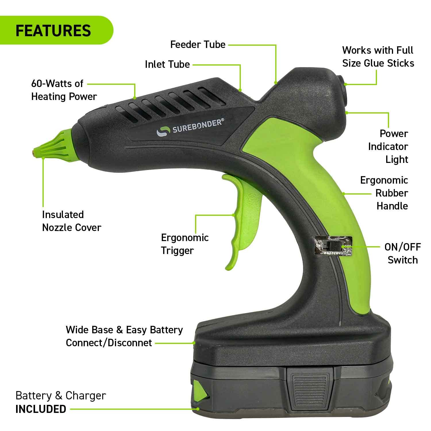 PRO2-60KIT 60W Heavy Duty Cordless Hot Glue Gun Kit with Ryobi Battery & Charger - Professional Full-Size Glue Gun for DIY Crafts, Home Repairs & Woodworking Projects