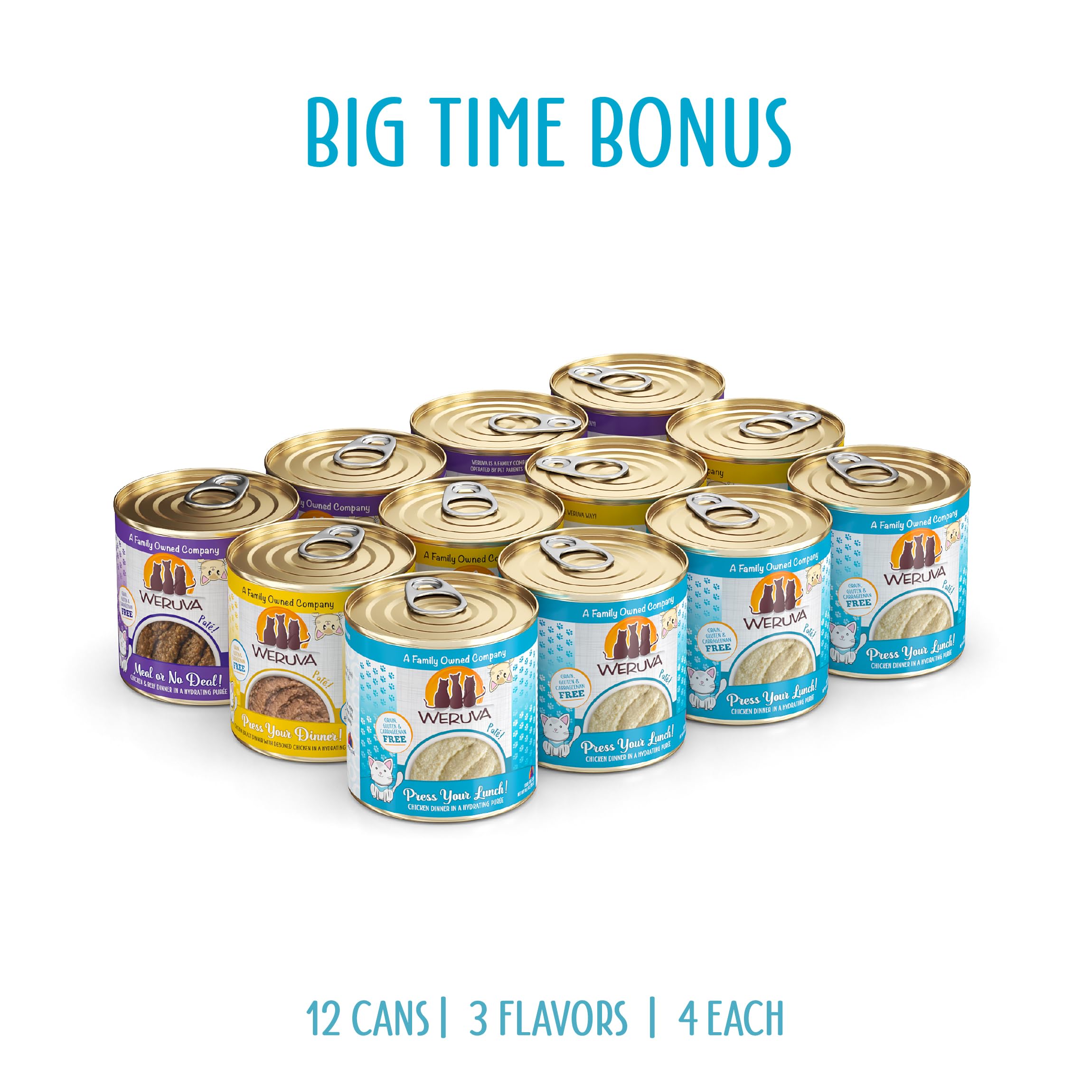 Weruva Wet Cat Food Pate Variety Pack - Big Time Bonus Round, 12 Pack (10oz Cans) - Grain-Free, High Protein Cat Food for Adult & Senior Cats - Perfect for Mealtime, Travel & Emergency Kits