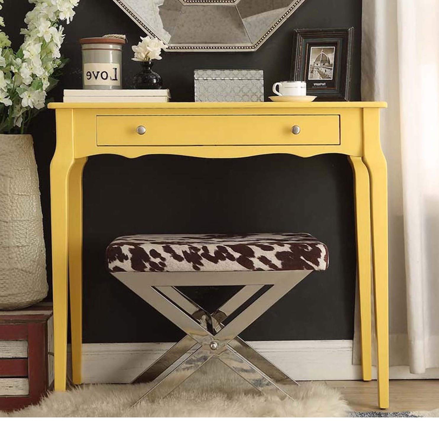 36 Inch Yellow Accent Console Table - Antique Bronze Finish Rectangular Entryway Sofa Table with Scalloped Apron | Rubberwood Veneer | Casual Indoor Decor for Living Room, Hallway & Entryway