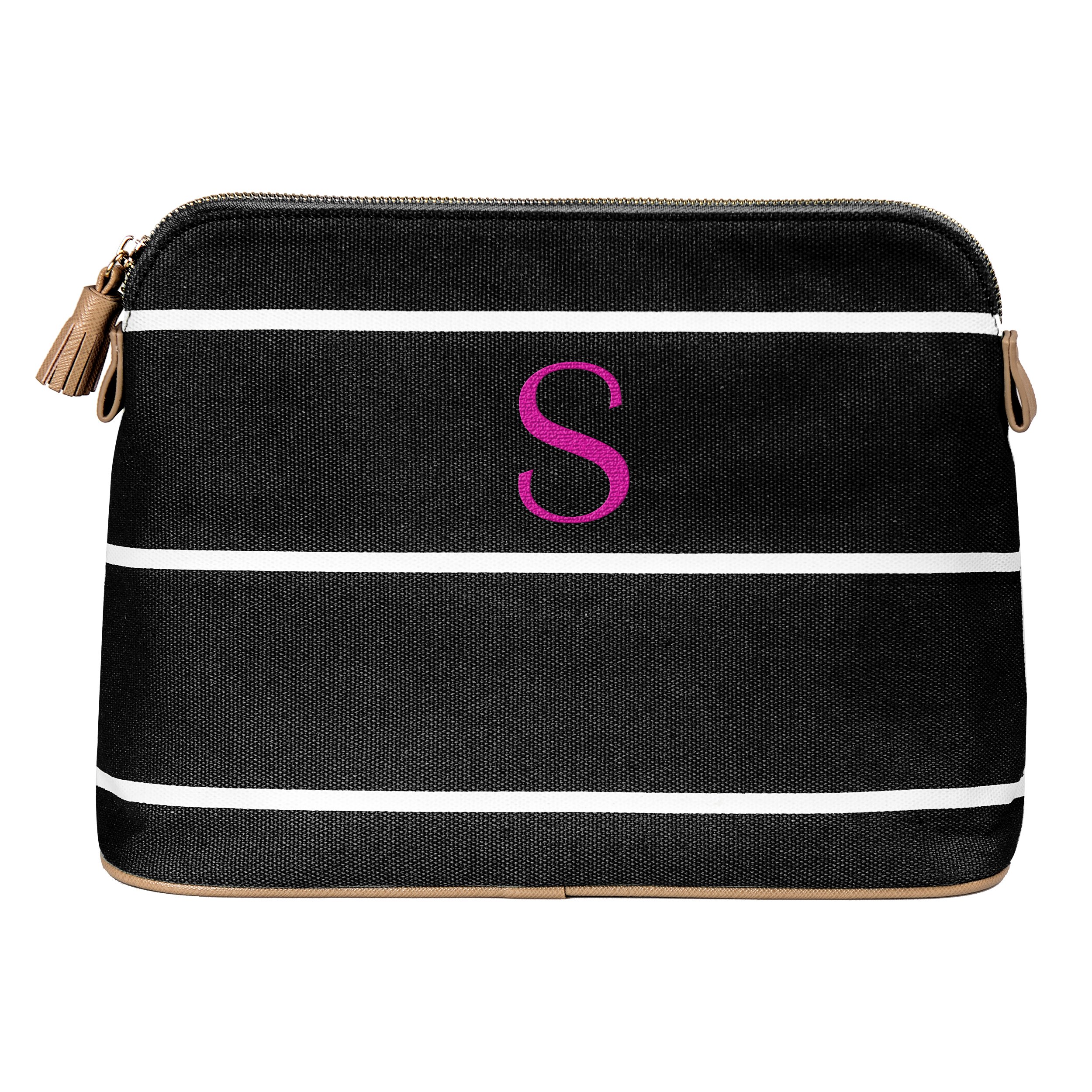 Personalized Striped Cosmetic Bag with Monogram Letter S - Black Makeup Pouch for Travel, Gym & Everyday Use | Cathy's Concepts