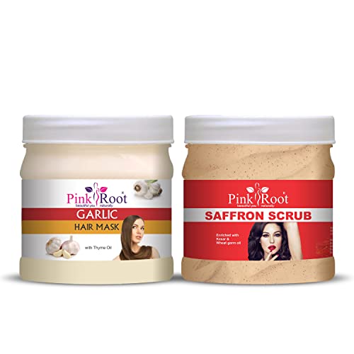 Pink Root Garlic & Saffron Hair Mask & Scrub Combo - 500gm Each | Deep Conditioning Treatment for Dry, Damaged Hair | At-Home Salon Hair Care for Women & Men