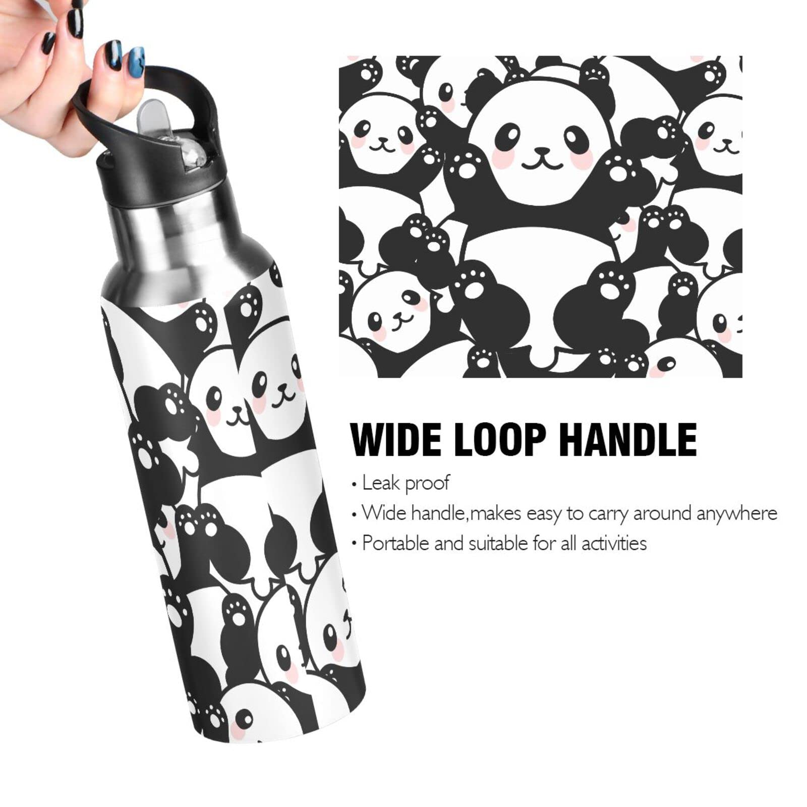 Insulated Stainless Steel Panda Water Bottle for Kids - 20oz Leakproof Cute Animal Print Flask with Straw Lid | Perfect for School, Travel & Outdoor Activities