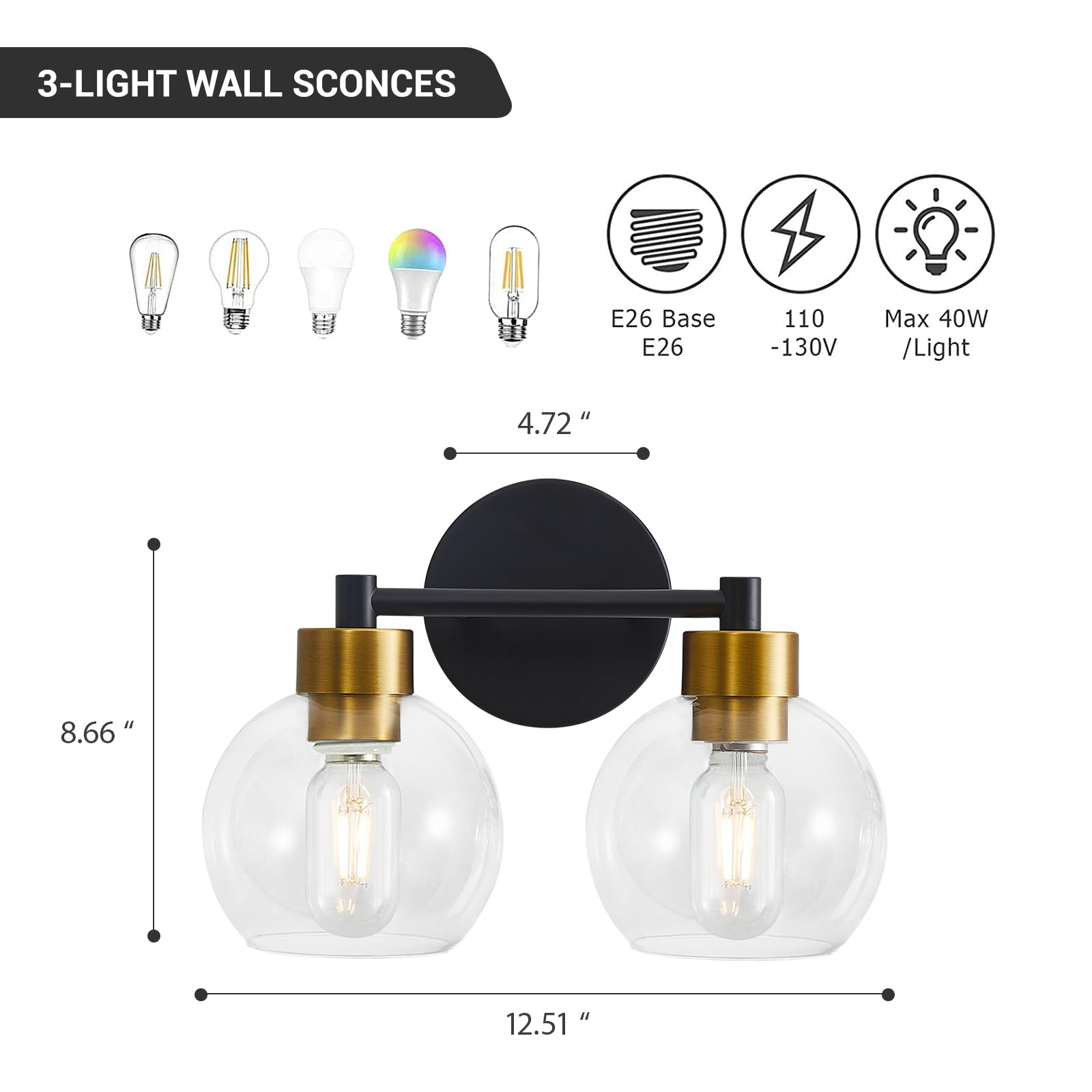Black and Gold Bathroom Vanity Light Fixture - 2-Light Round Wall Sconce with Clear Glass Shades for Mirror, Bedroom, Living Room & Kitchen - Perfect for Modern Home Decor and Ambient Lighting