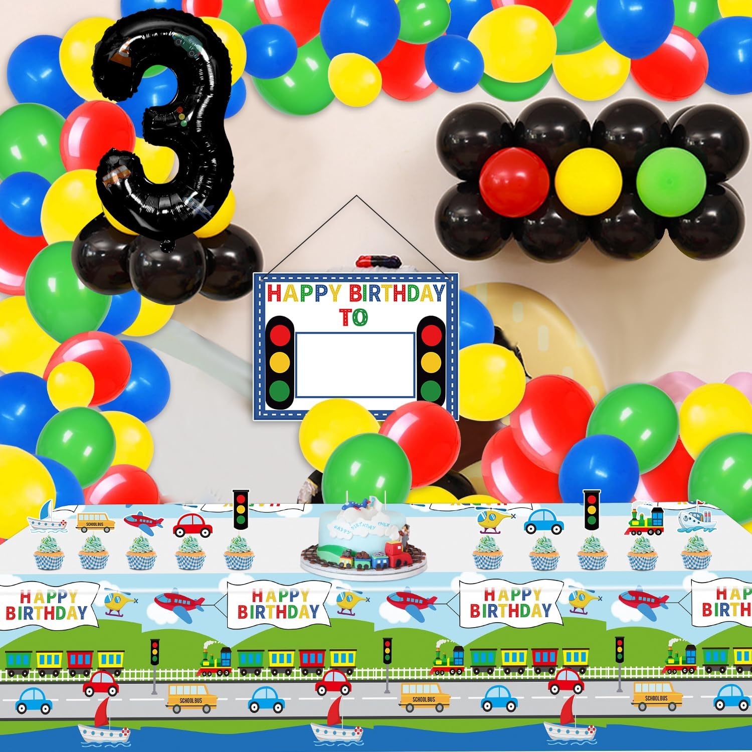 Transportation Theme 3rd Birthday Party Supplies for 3 Year Olds - Includes Happy Birthday Banners, Centerpieces, Tablecloths, Cake Toppers & 76 Balloons - Perfect for Kids' Truck, Train & Car Themed Birthday Decorations
