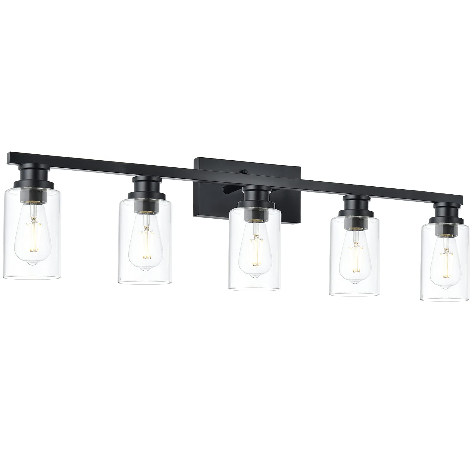VINLUZ 5-Light Vintage Bathroom Vanity Light Fixture - Black Farmhouse Wall Sconce with Clear Cylinder Glass Shades for Mirror, Hallway & Entryway Lighting - Perfect for Bathroom, Dressing Room and Vintage Home Decor