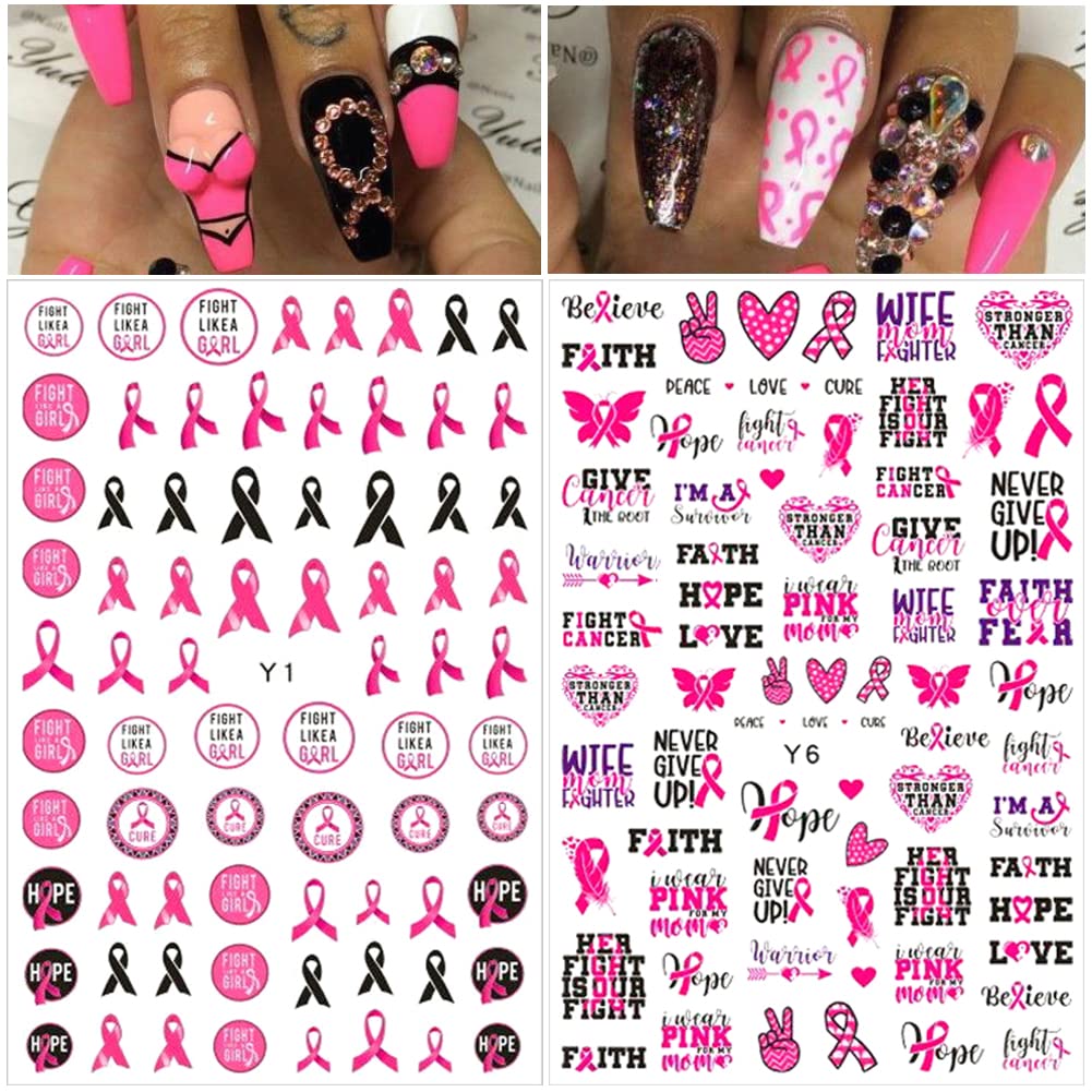 3D Pink Ribbon Breast Cancer Awareness Nail Art Stickers - Self-Adhesive Nail Decals with Heart Design for DIY Manicure - 6 Sheets for Women & Girls - Perfect for Fundraisers, Awareness Events & Supportive Nail Art
