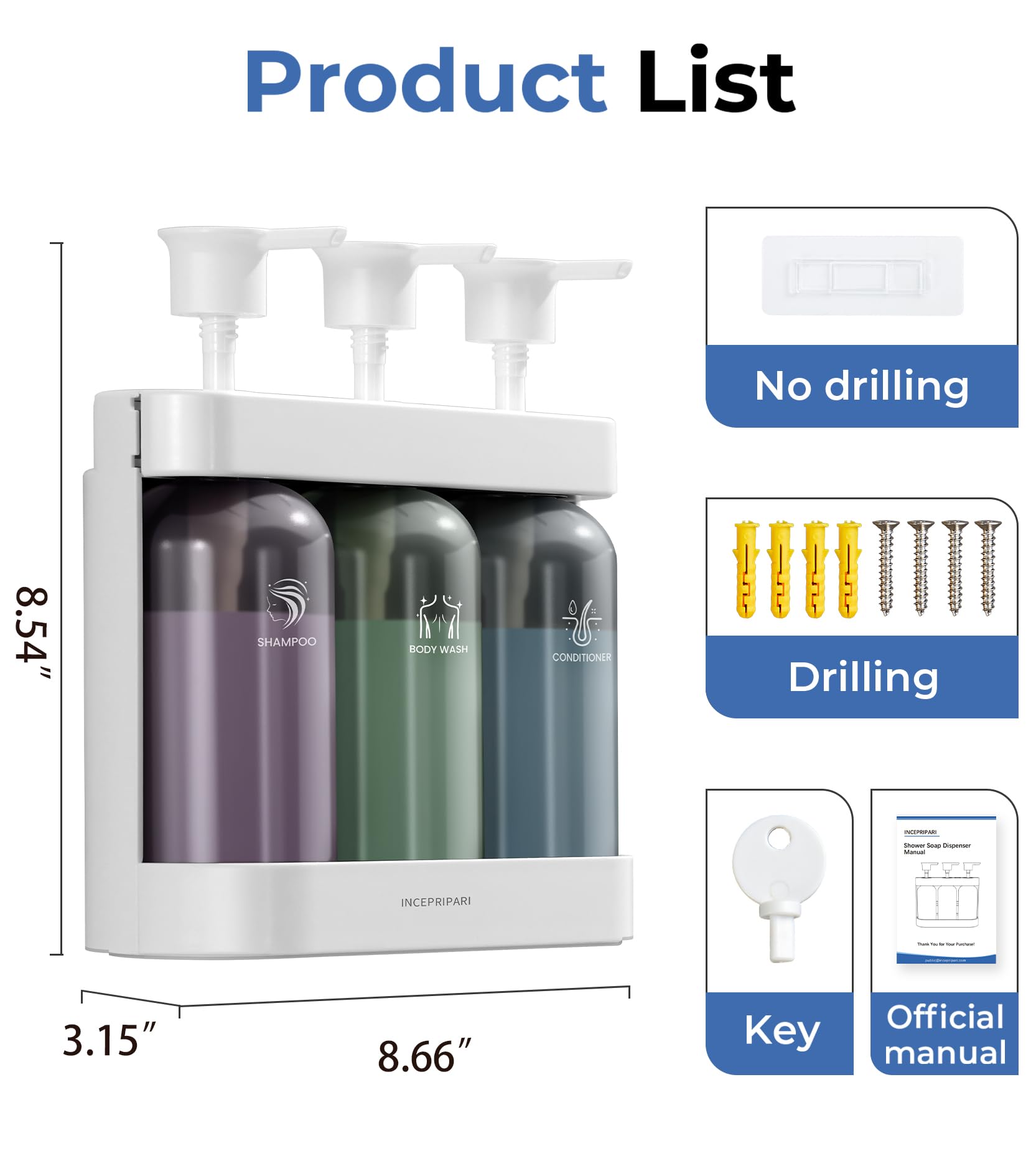 3-Chamber Wall Mounted Shampoo & Conditioner Dispenser for Shower - No Drill Bathroom Organizer with Soap Dispenser | Perfect for Hotels, Spas & Home Bathrooms (White)