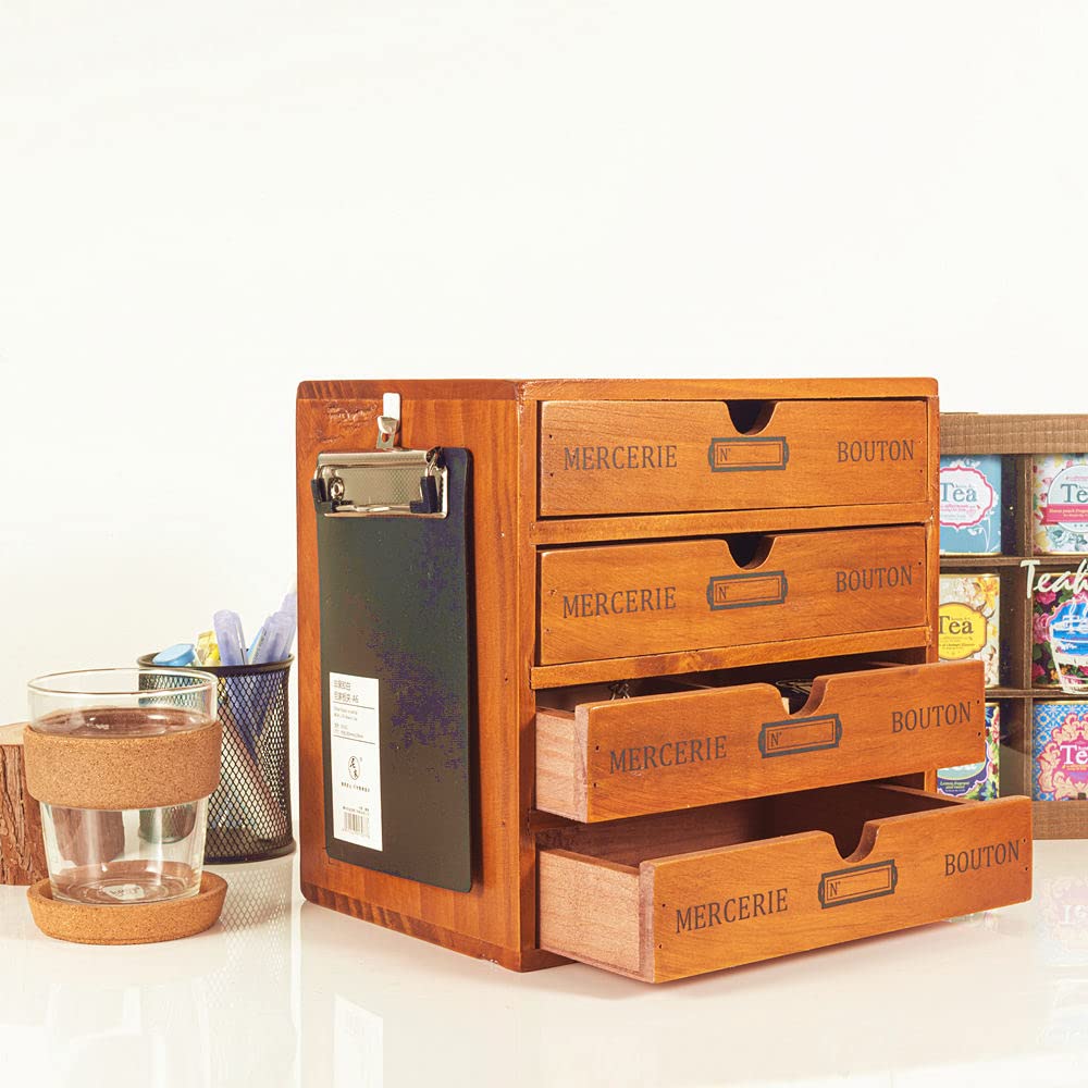 Rustic Wooden Storage Box with 4-Tier Drawers & Labels - Desktop Organizer, Office Desk Accessories Shelf, A6 Clipboard Holder, Small Craft Storage, Apothecary Cabinet & Jewelry Chest for Women | Perfect for Home Office, Craft Room & Bedroom Organization