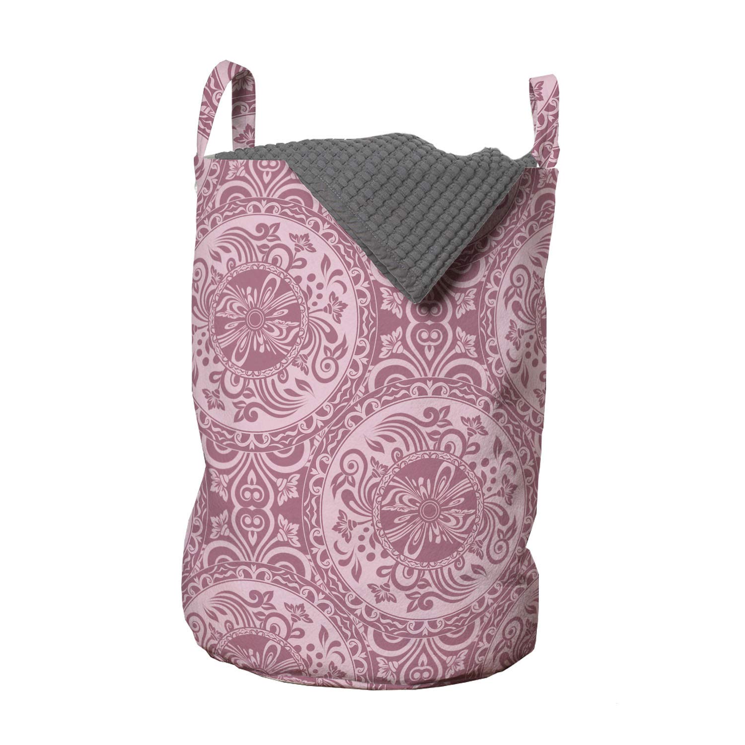 Ambesonne Damask Laundry Bag with Handles - Monochrome Floral Circle Design Drawstring Hamper - 13