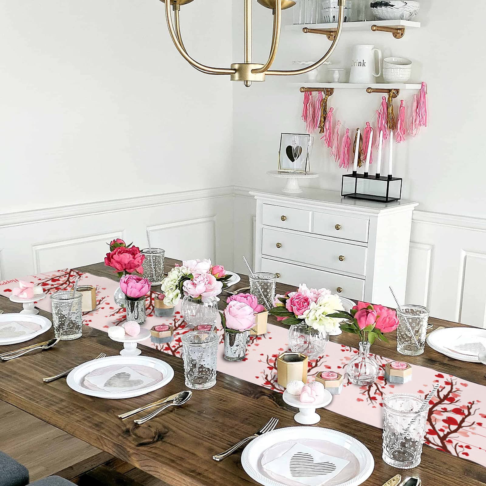 Valentine's Day Table Runner 90 Inches Long - Pink Cotton Linen Tablecloth for Coffee Table, Wedding, Party & Dining Decor - Romantic Heart Tree Design - Perfect for Valentine's Decor, Anniversary Gifts & Holiday Table Settings