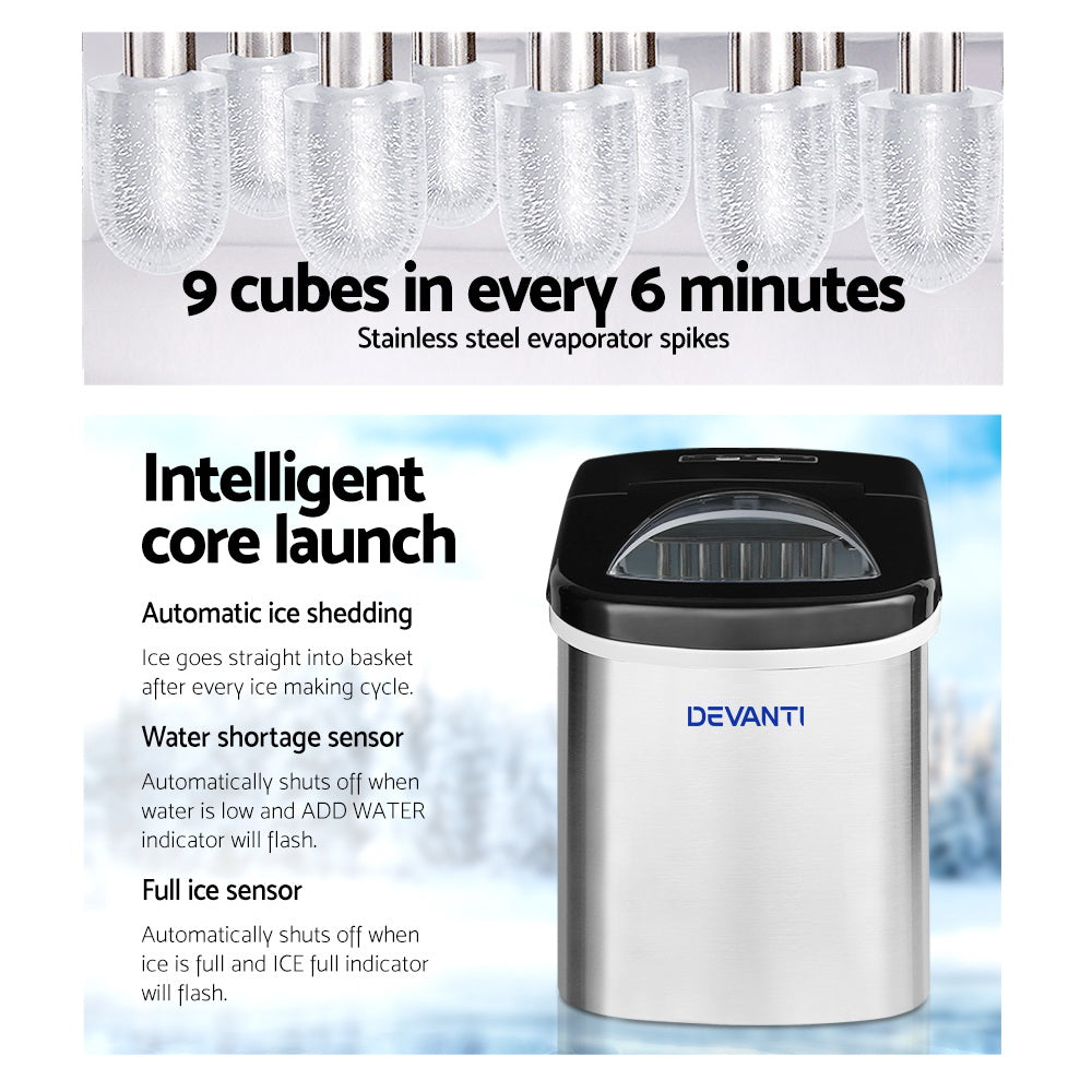 Devanti 2.4L Stainless Steel Portable Ice Cube Maker - Fast Ice Making Machine for Home, Office, Parties & Outdoor Use